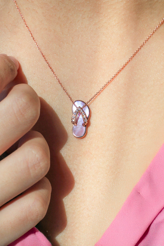 Rose gold Slipper pendant with pink mother-of-pearl and diamonds on a person's neck - 10807