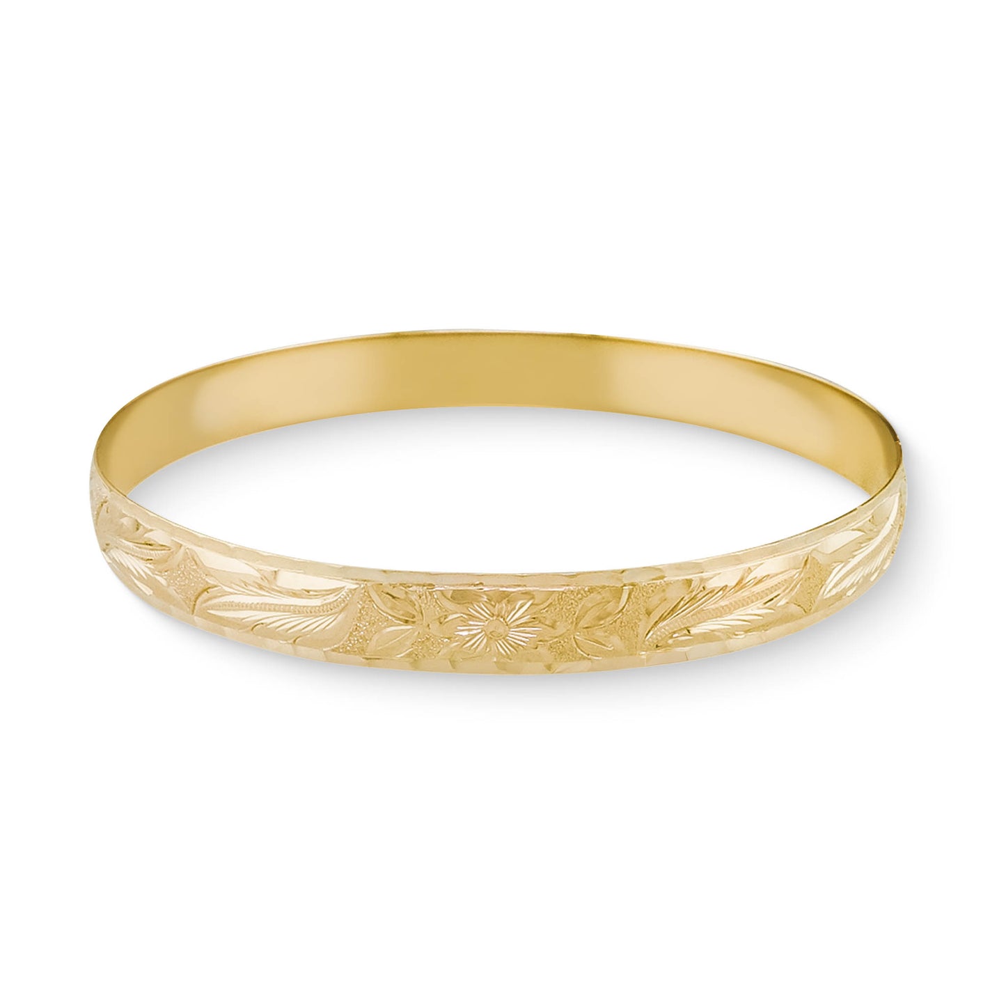 Plumeria scroll design hand engraved around a 14K yellow gold Hawaiian Heirloom bracelet at 8mm wide. Item No. 72501