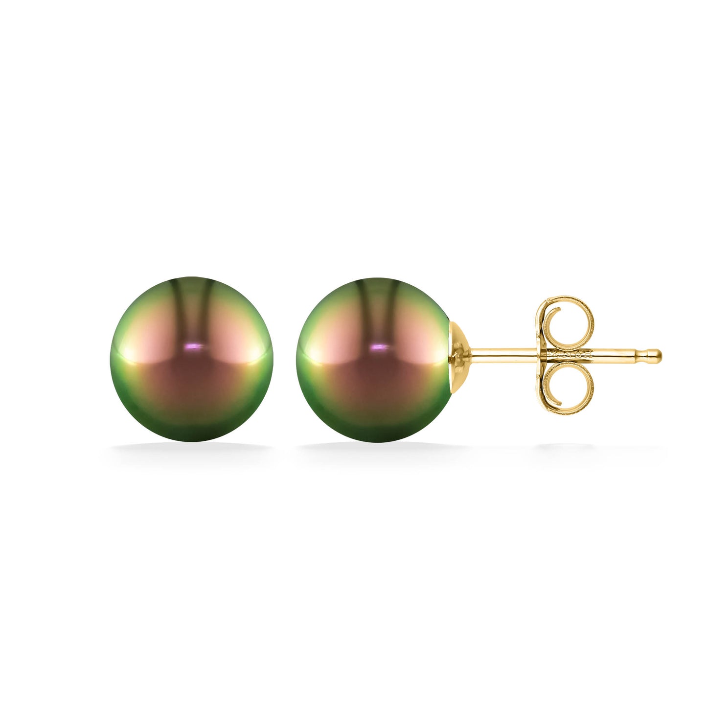Pair of 14k yellow gold stud earrings with round 9mm tahitian pearls, showcasing a radiant luster. Item No. 11383