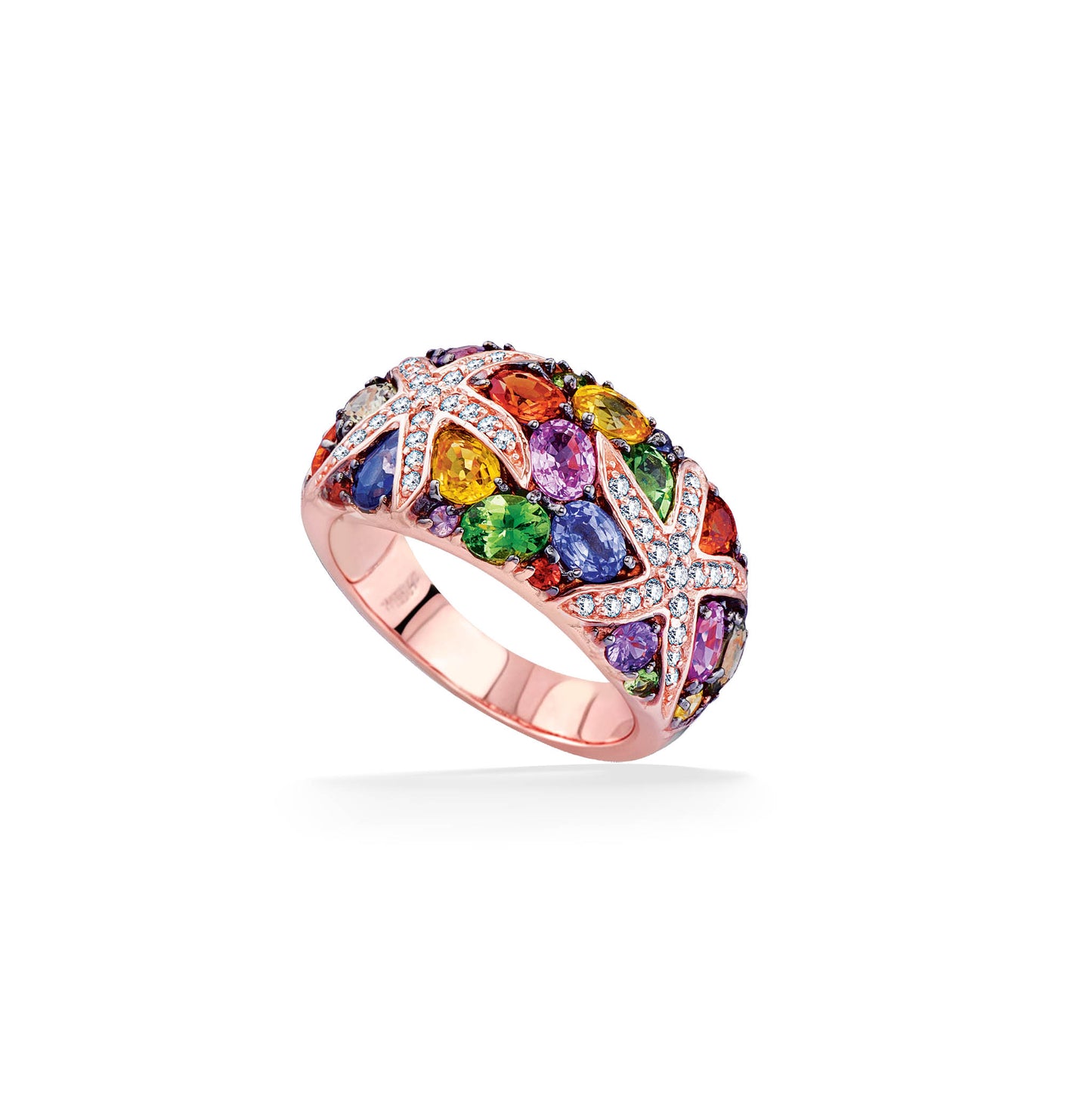 Effy rose gold starfish ring featuring multi-color sapphires & tsavorites gems. Diamonds in starfish design. Item No. 767007