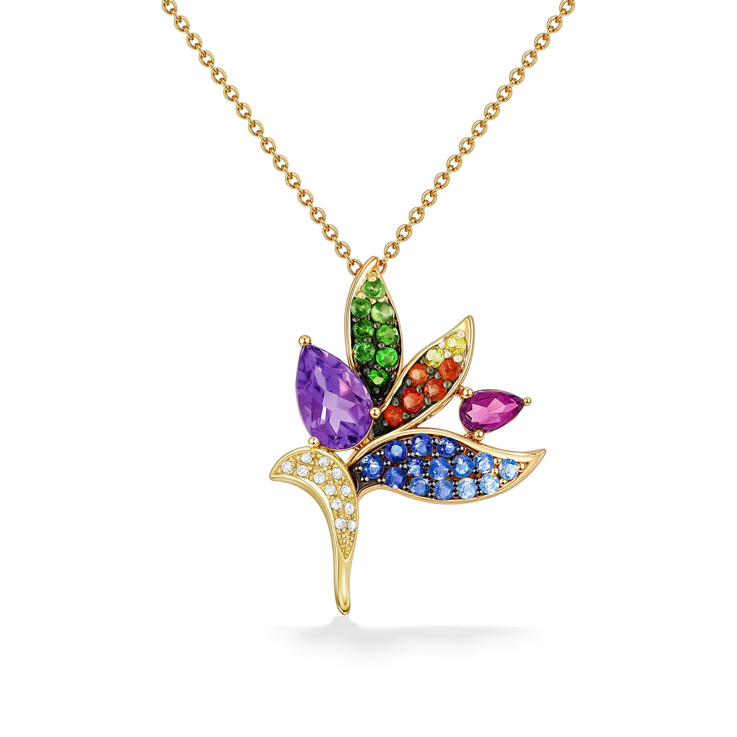Vibrant bird of paradise pendant with multicolor gemstones and diamonds set in 14k yellow gold. Item No. 767280