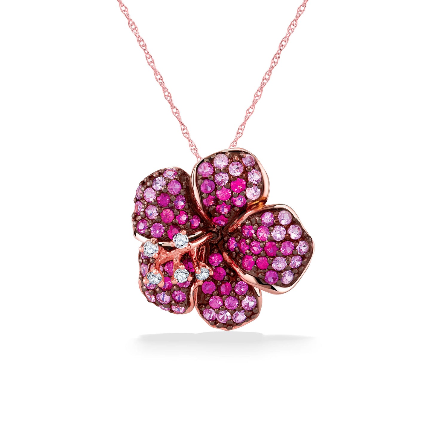 Hibiscus shaped pendant & chain in 14K rose gold with pink sapphire in the petals & diamonds in the stigmas. Item No. 767546
