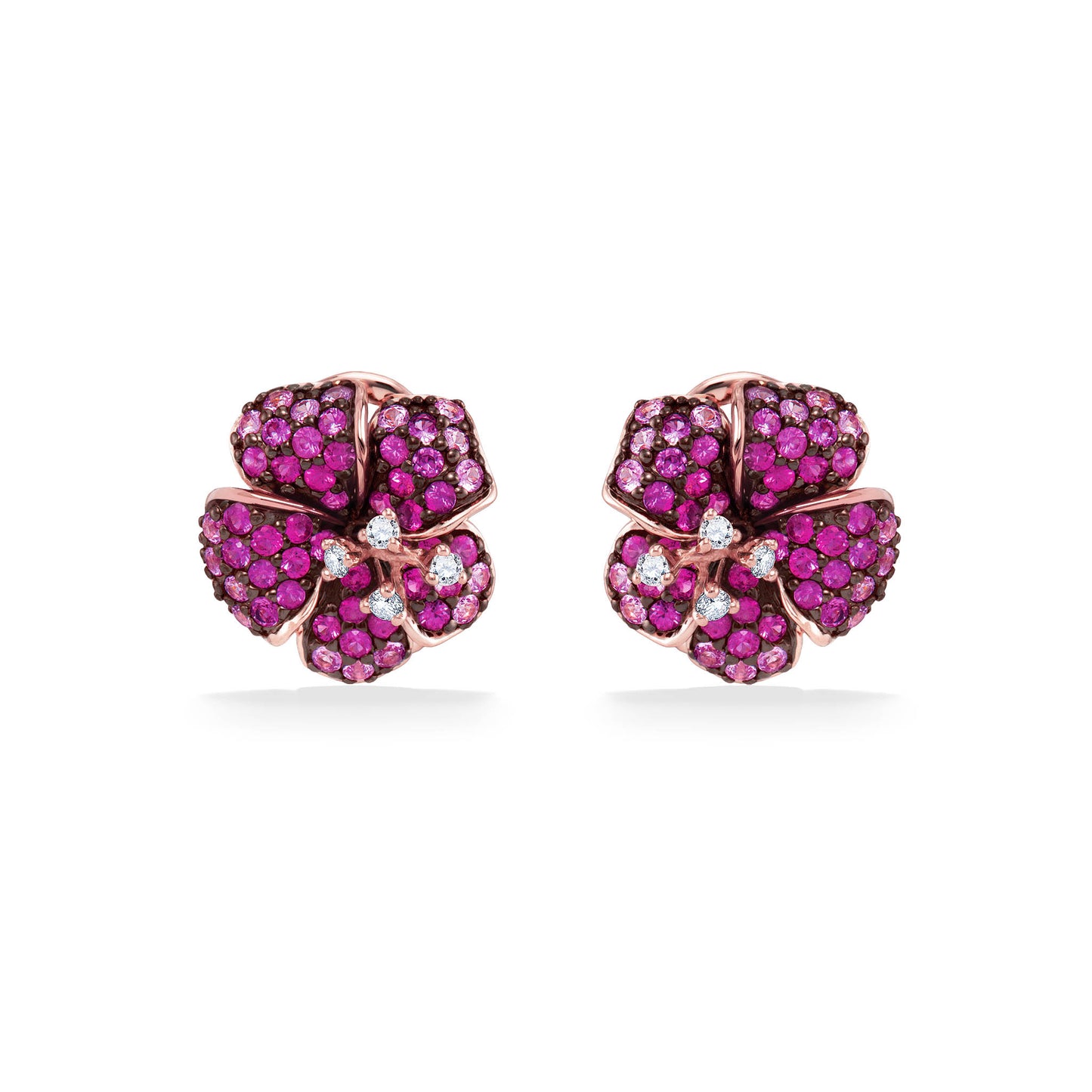Rose gold Hibiscus stud earrings featuring pavé-set pink sapphires with white diamond accents at the center. Item No. 767548