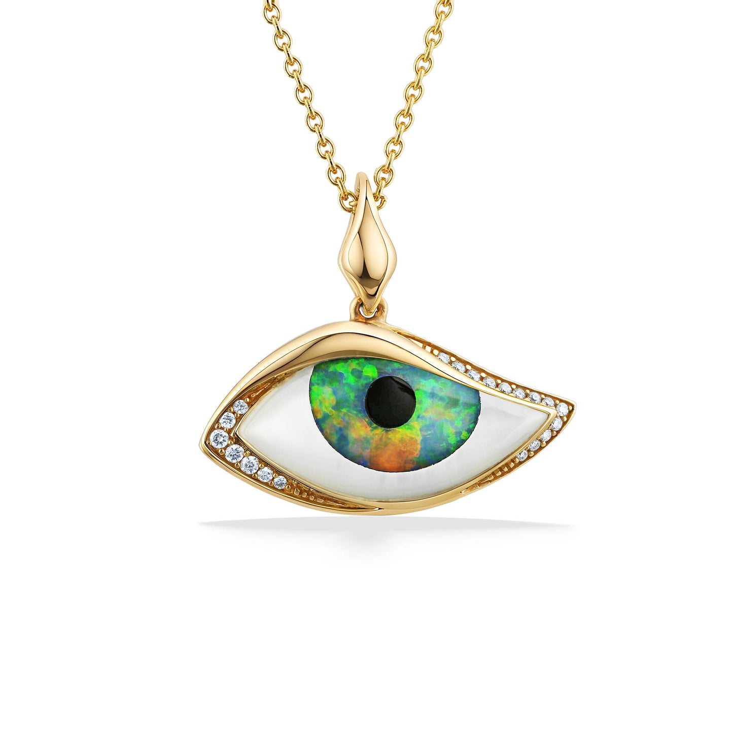 Gold Mati eye pendant with onyx pupil, opal iris, white mother of pearl for the white part & diamond detail. Item No. 767670