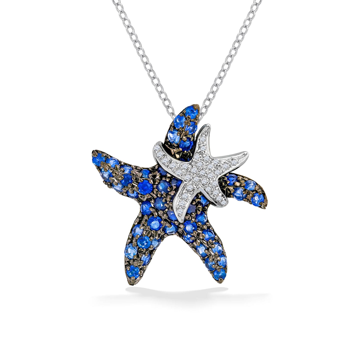 Starfish shape pendant with blue sapphires & mini starfish attached on top right with diamonds in white gold. Item No. 768040