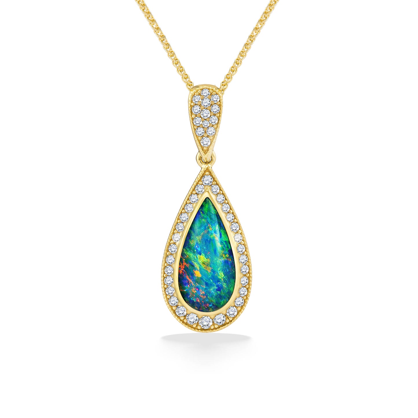 Diamond-lined & pavé-set bail, teardrop shaped drop pendant with opal inlay, made in 14k yellow gold. Item No. 768669