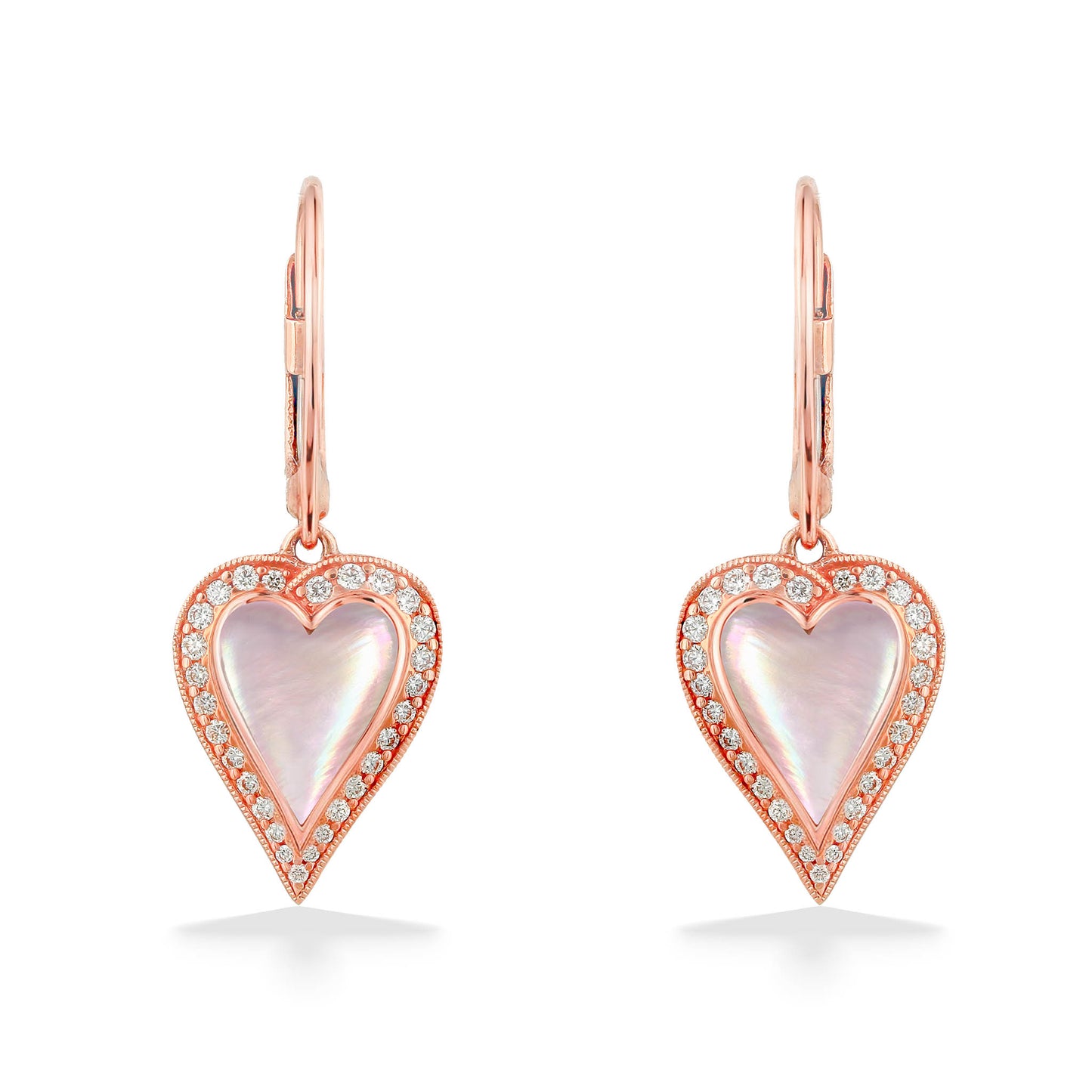 Seen straight on, 14k rose gold heart earrings highlight luminous shell inlay lined with sparkling diamonds. Item No. 763399