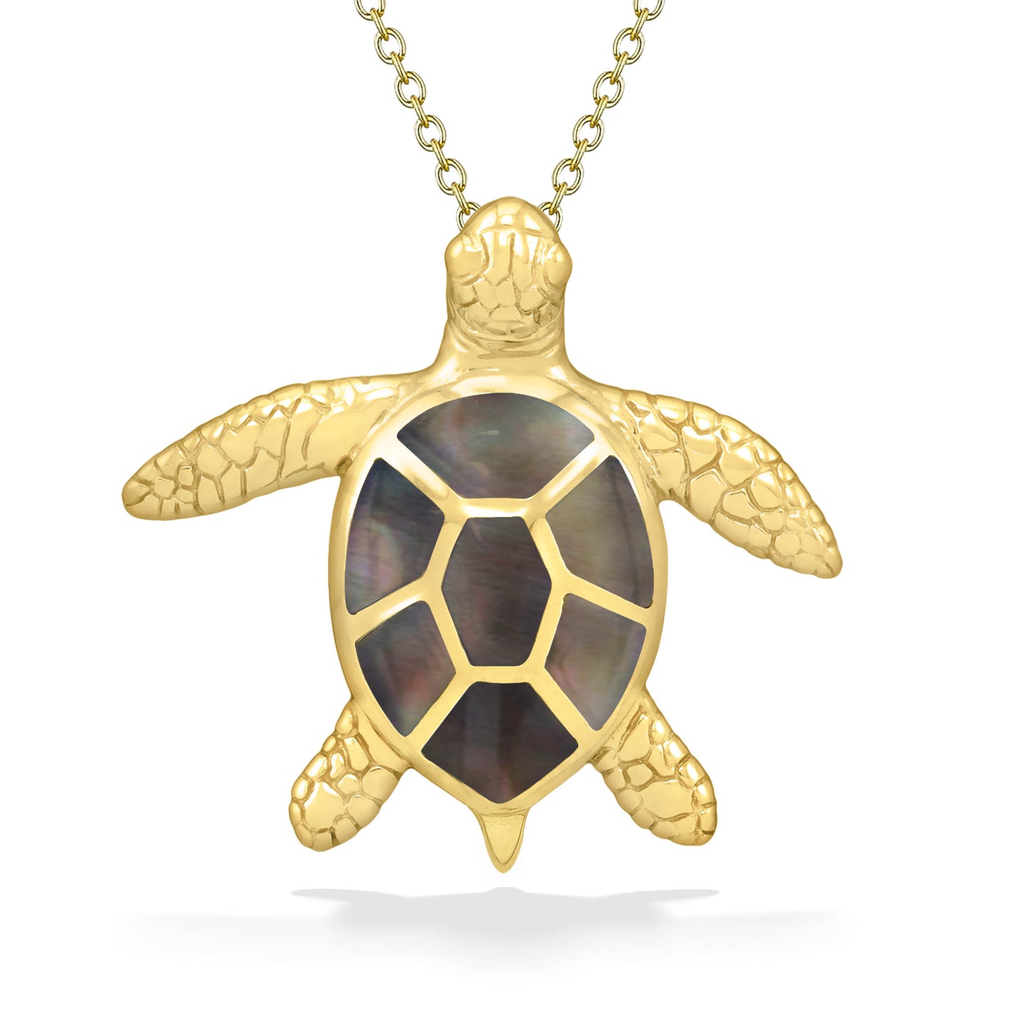 Gold sea turtle pendant with a polished shell & tahitian mother of pearl inlay hanging from a delicate chain. Item No. 869485