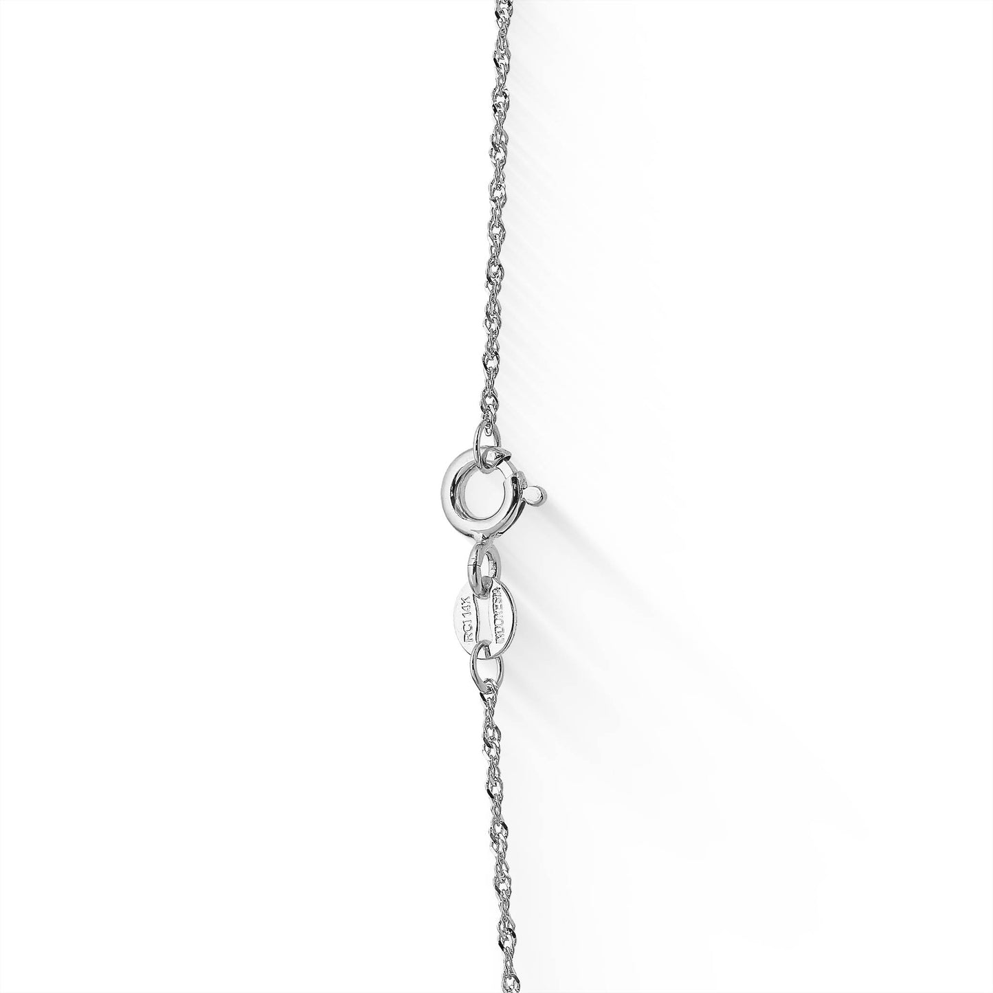 14K white gold singapore chain featuring a spring ring clasp & small Na Hoku tag, 16" long. Item No. 757293
