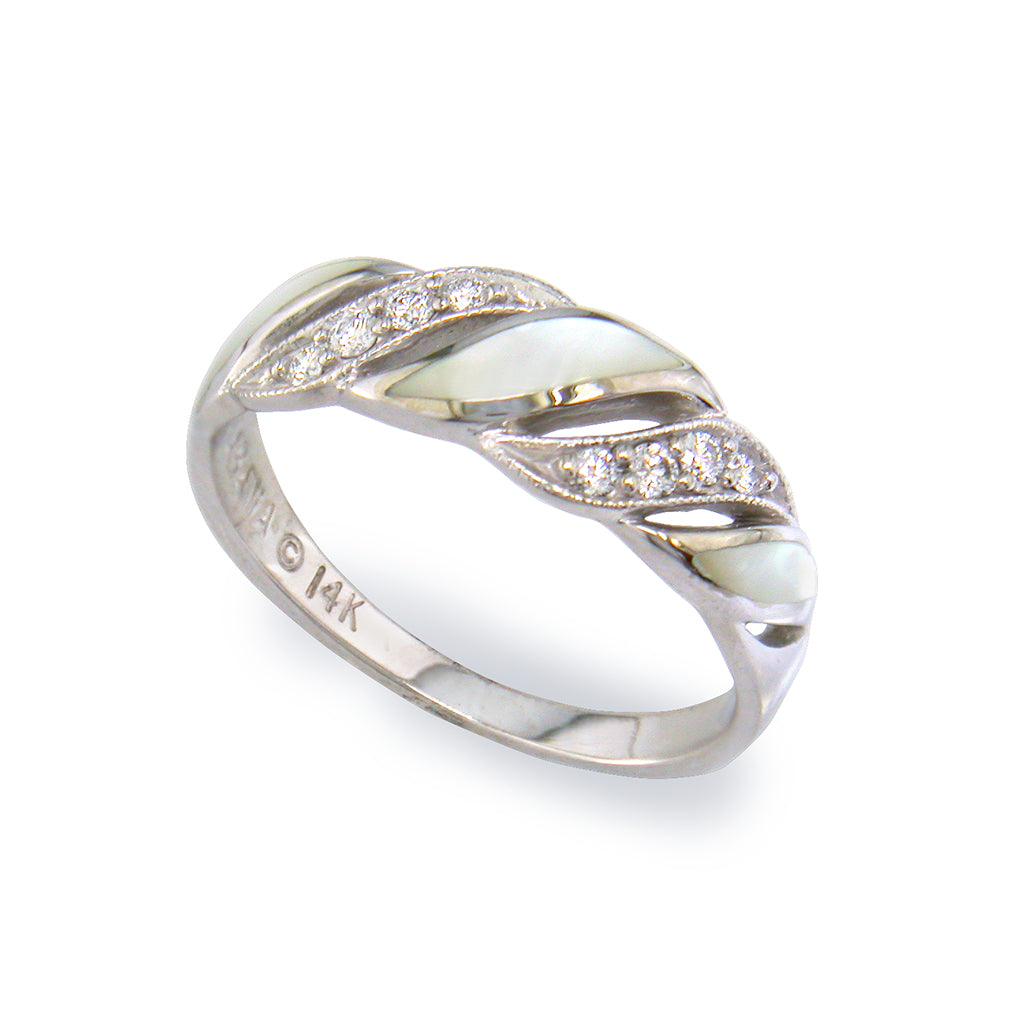 White gold ring with a wave-like design, featuring white mother-of-pearl inlay and rows of small diamonds. Item No. 759429