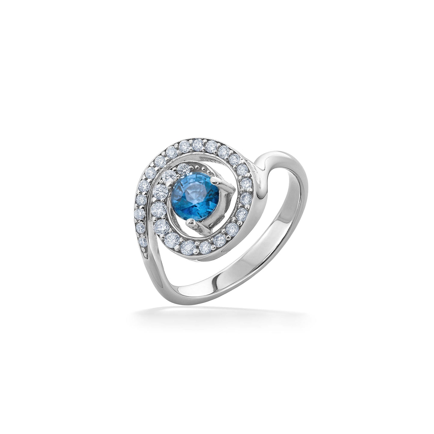 Dazzling 14K white gold ring with wave swirl design of pavé-set diamonds atop & a 0.50ct center blue diamond. Item No. 40521