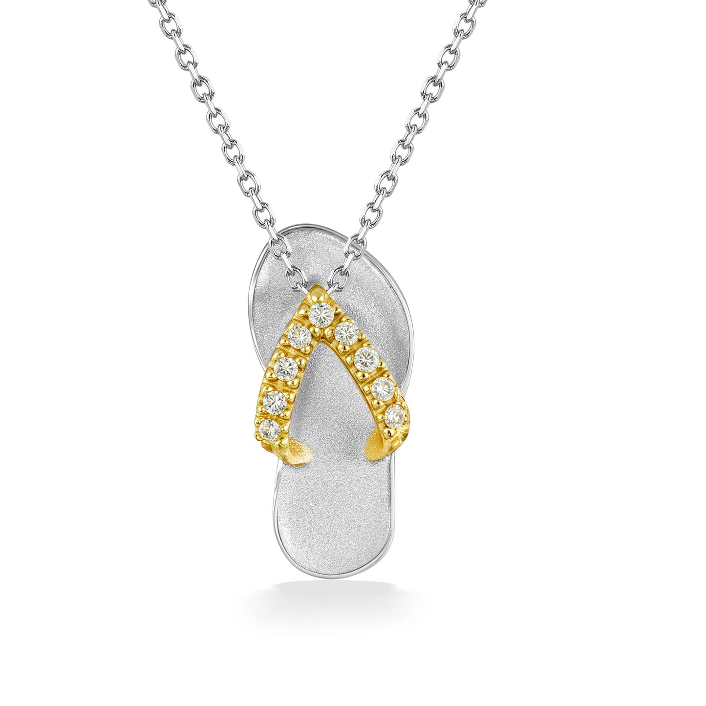 Hawaiian slipper pendant in 14k white gold with diamond encrusted 14k yellow gold straps. Item No. 40540