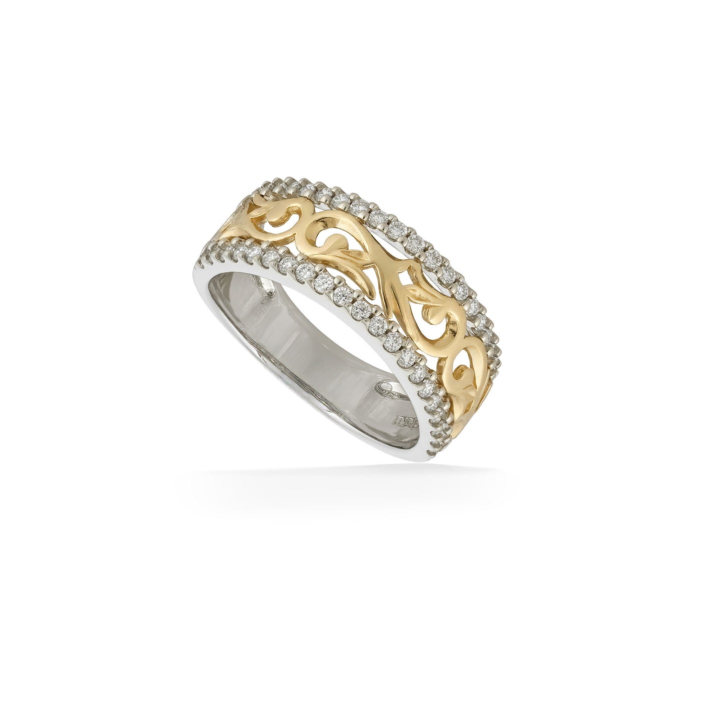 White gold wide ring with a Nalani filigree-like design in the middle of pave-set diamonds. Item No. 60995