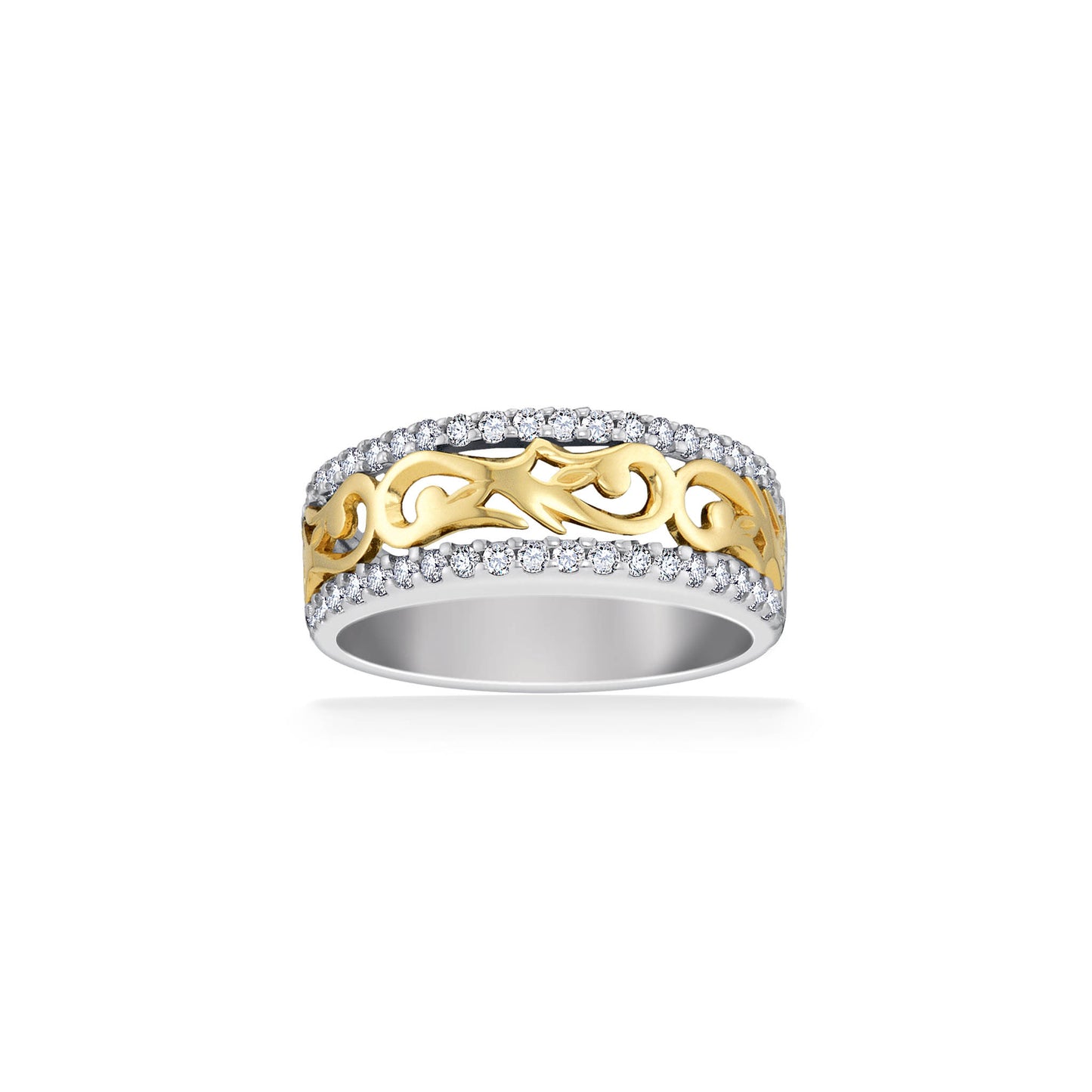 Horizontal view of Nalani ring, highlighting the yellow gold design between pavé-set white gold edges. Item No. 60995