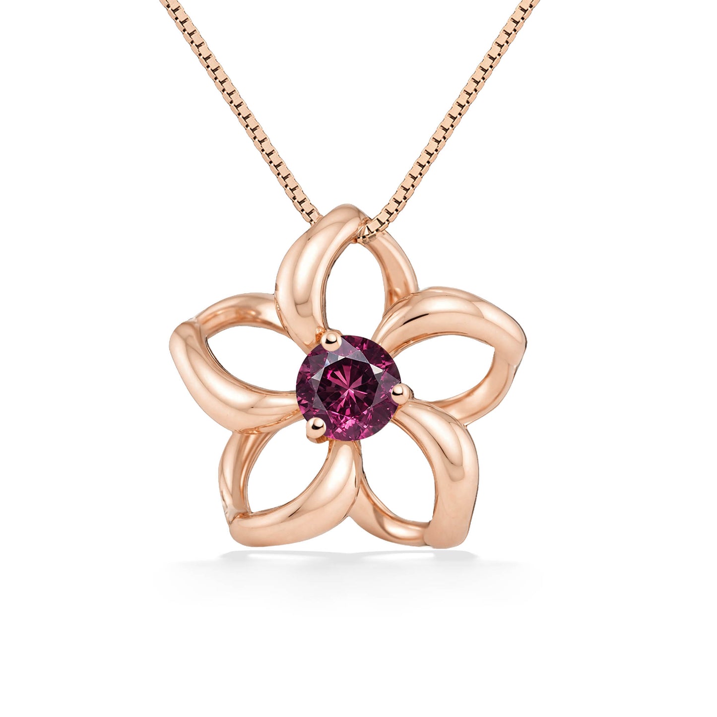 Radiant rhodolite garnet is in the center of a rose gold plumeria pendant with sculpted, open loop petals. Item No. 40030