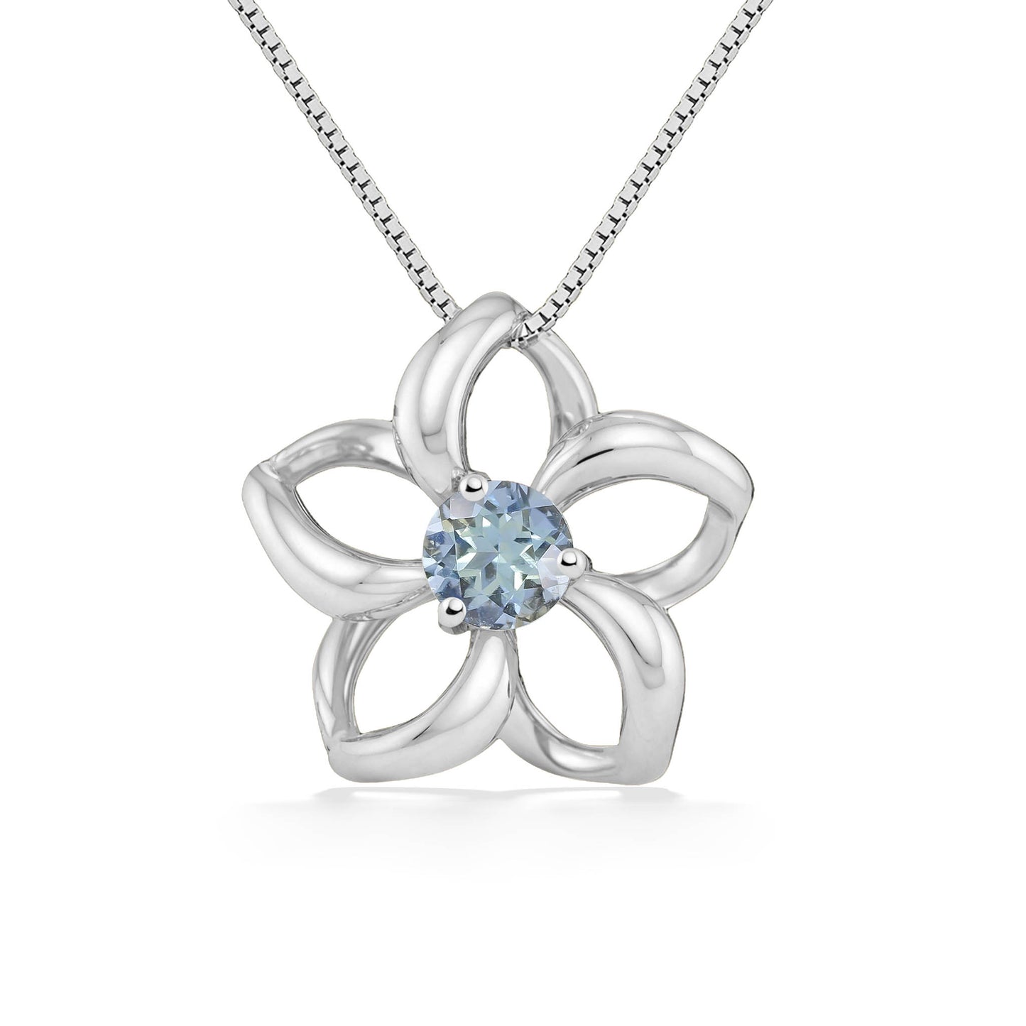 White gold floating plumeria motif with petals shaped like open arcs framing a 4mm aquamarine. Item No. 40032