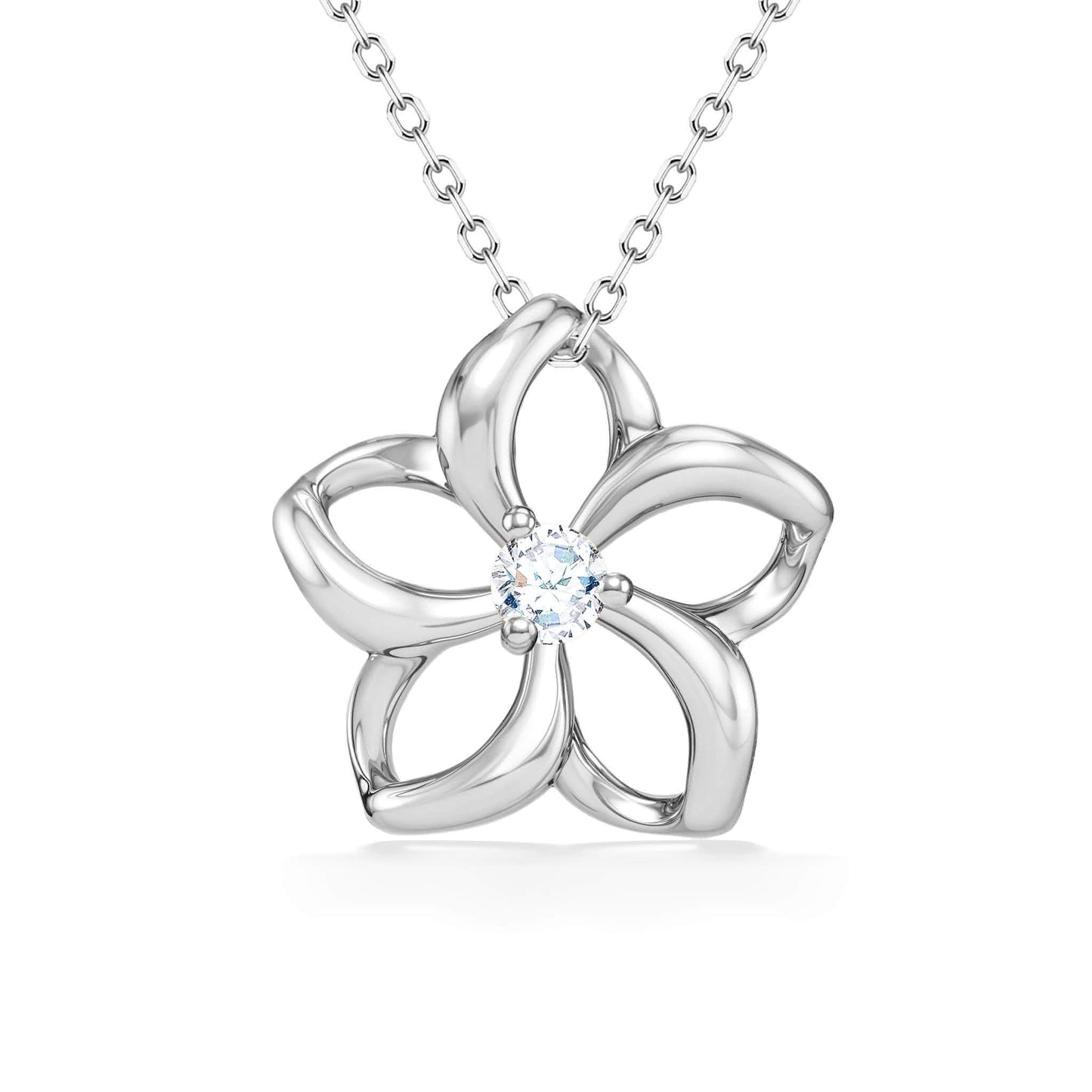 Modern flower outline of the plumeria silhouette in white gold, designed to highlight a diamond at its heart. Item No. 40034