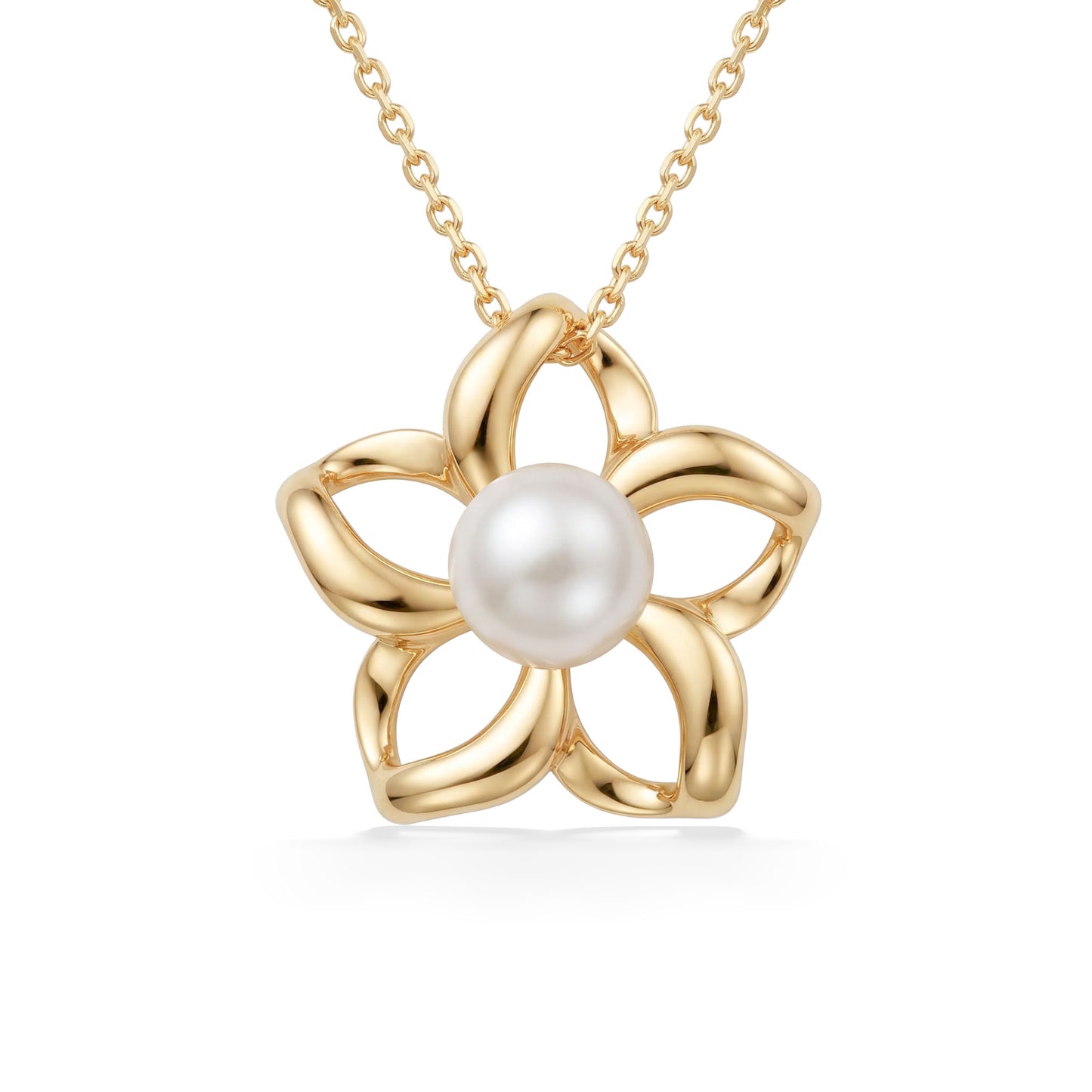 Gold plumeria pendant with curved, hollow petals and luminous center white akoya pearl. Item No. 40036