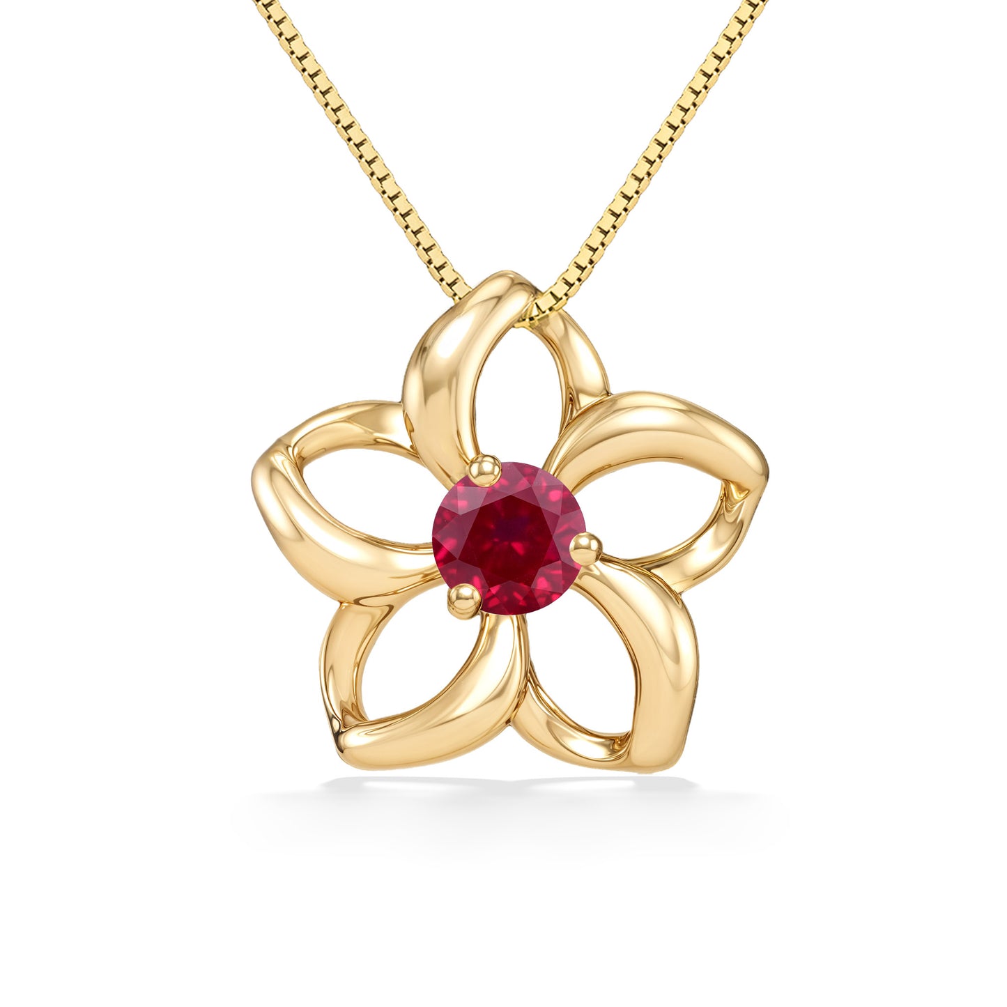 Ornate plumeria necklace featuring soft, sculptural petals and a vibrant ruby gemstone in the middle. Item No. 40037
