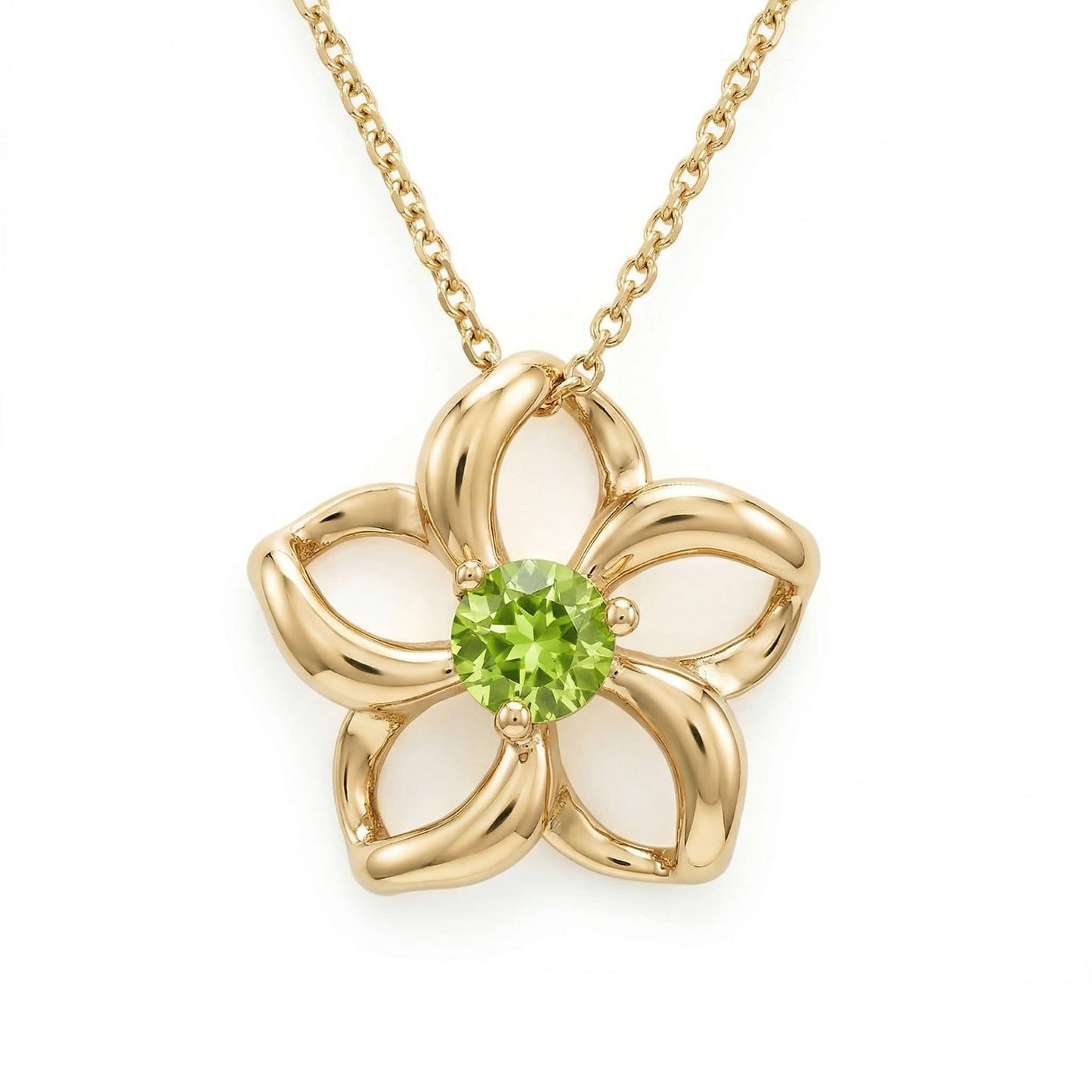 Modern plumeria pendant in gold, showcasing a central peridot gemstone and open petal design. Item No. 40038