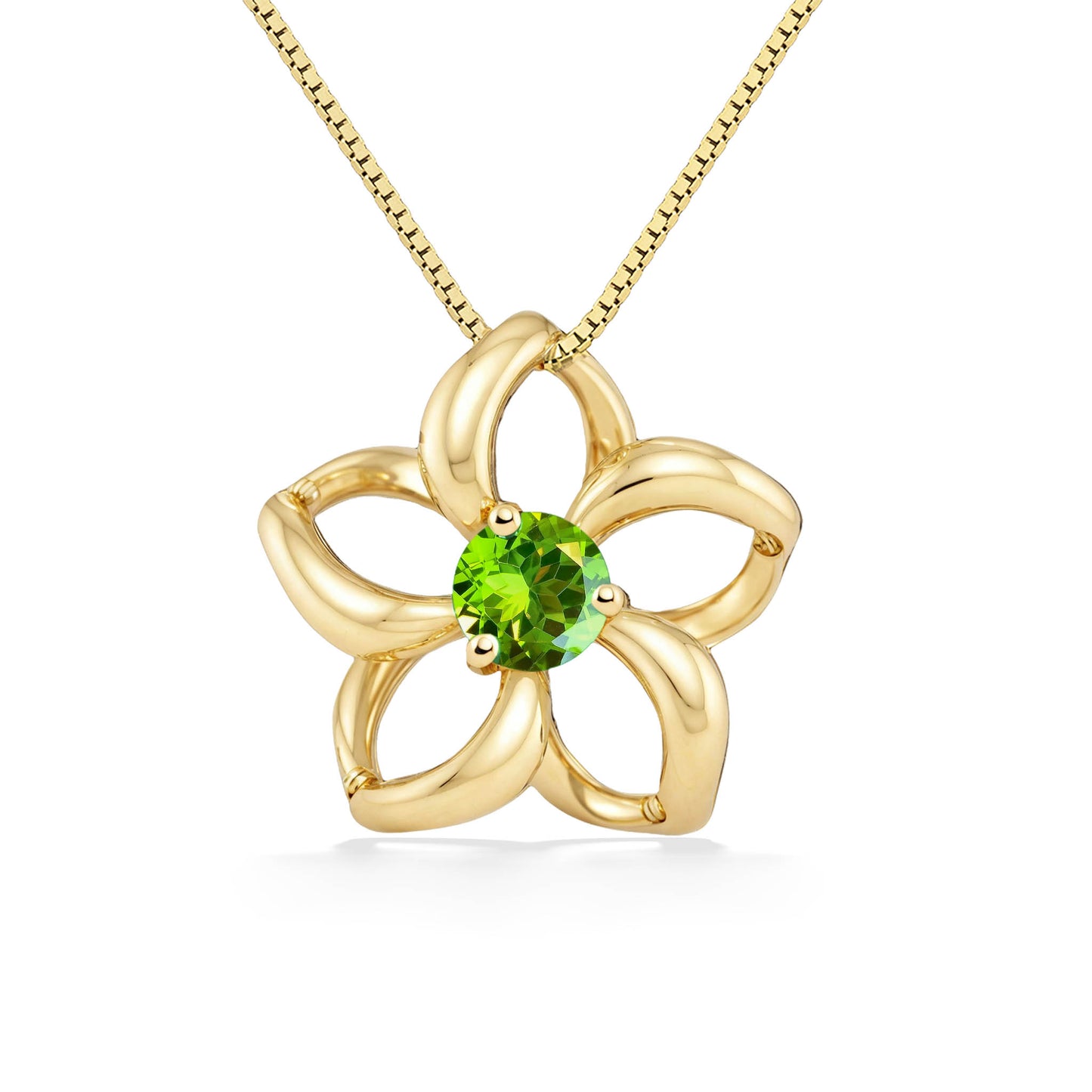 Modern plumeria pendant in gold, showcasing a central peridot gemstone and open petal design. Item No. 40038
