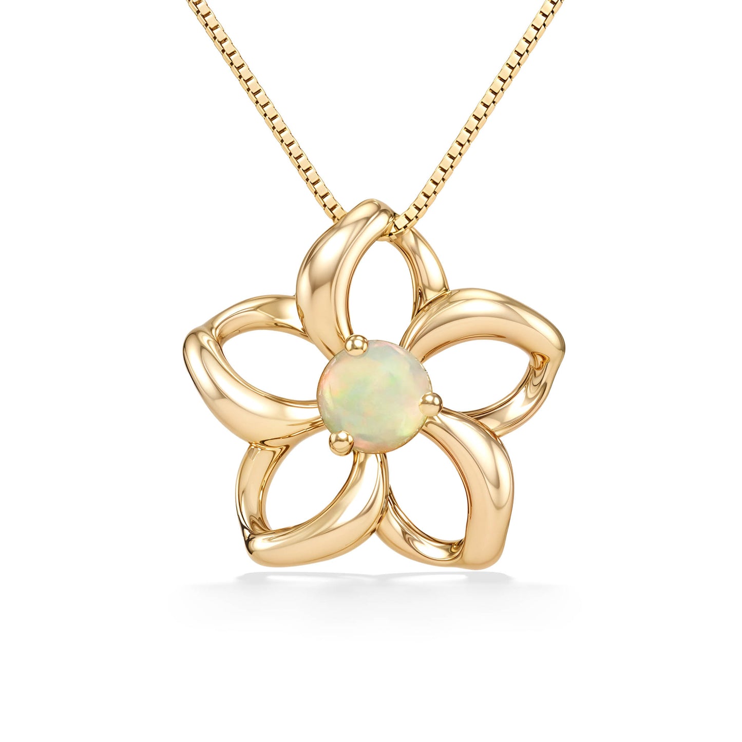 Plumeria inspired pendant with hollow petals in 14k yellow gold cradling a central iridescent opal gemstone. Item No. 40040