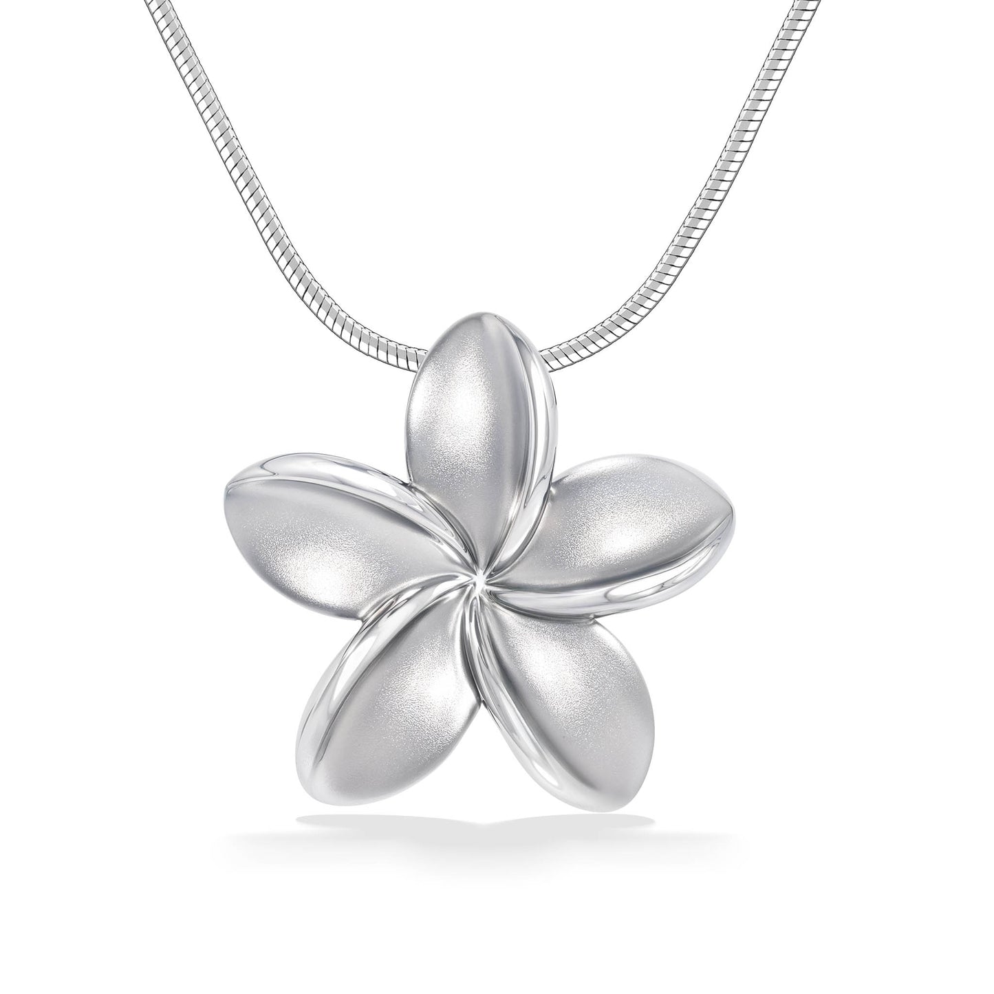 Polished & matte finished sterling silver plumeria pendant on a silver omega round chain. Item No. 40115