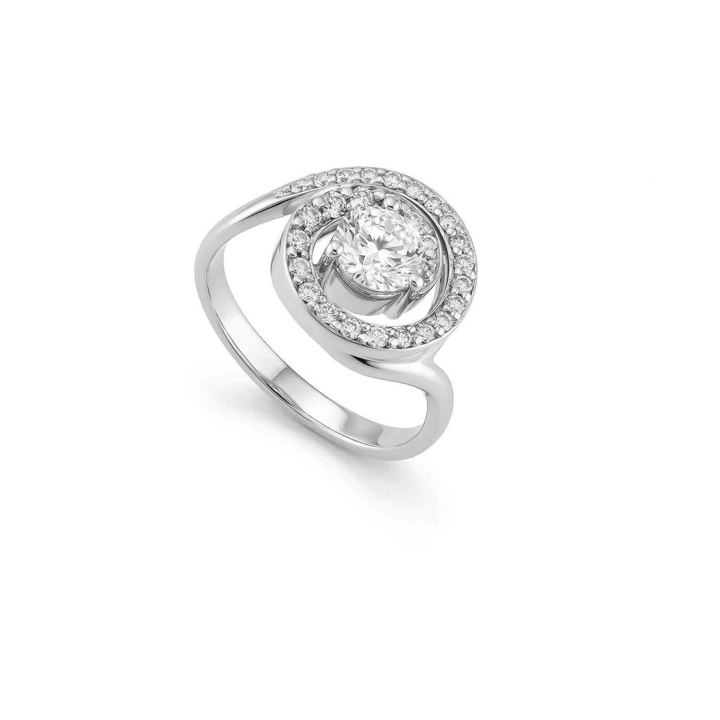 Cool 14k white gold forms a flowing wave around a 0.75ct diamond, framed by a halo of shimmering accents. Item No. 40137