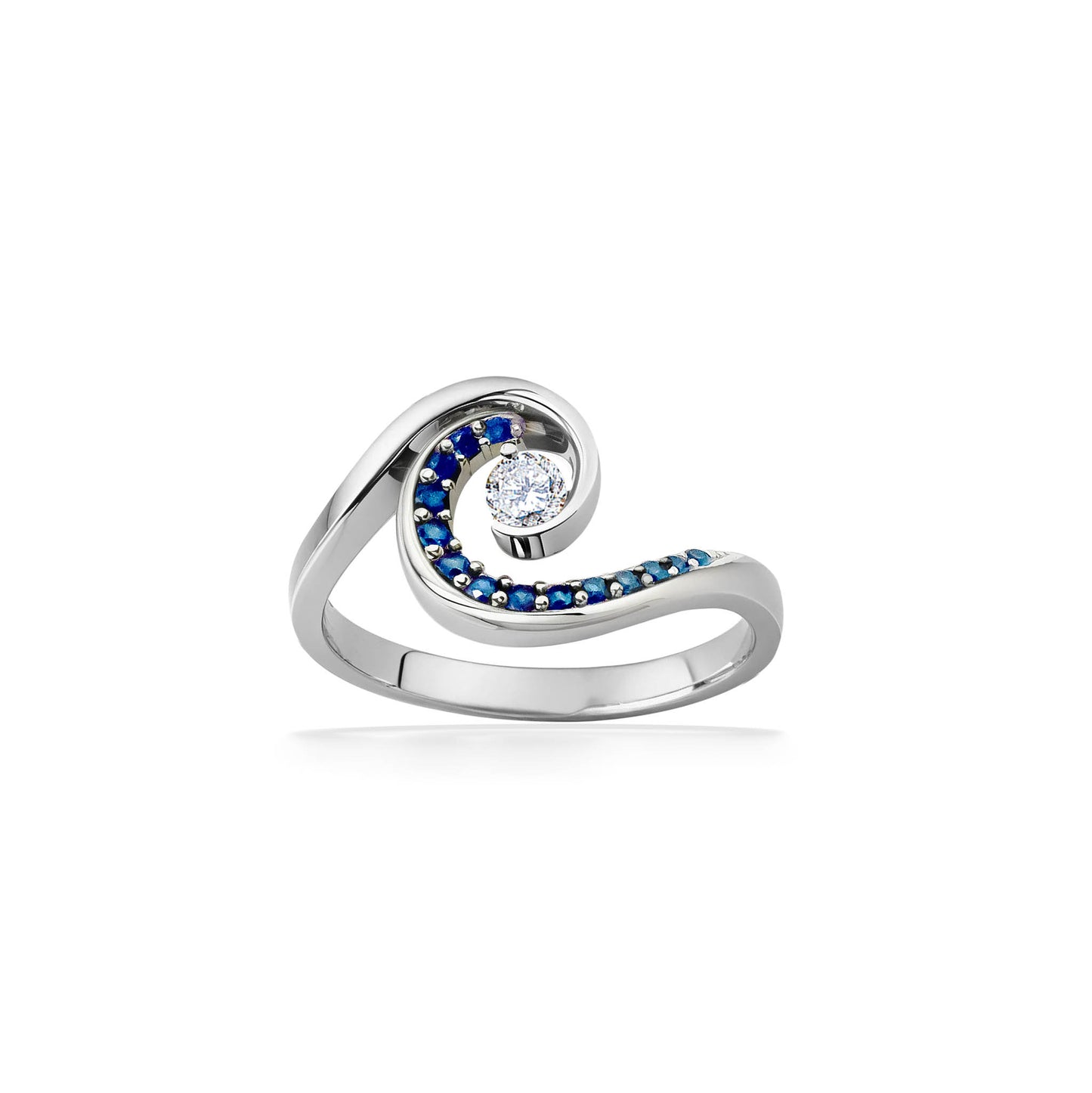 Horizontal white gold ring with blue sapphires and center diamond to show wave design. Item No. 40152