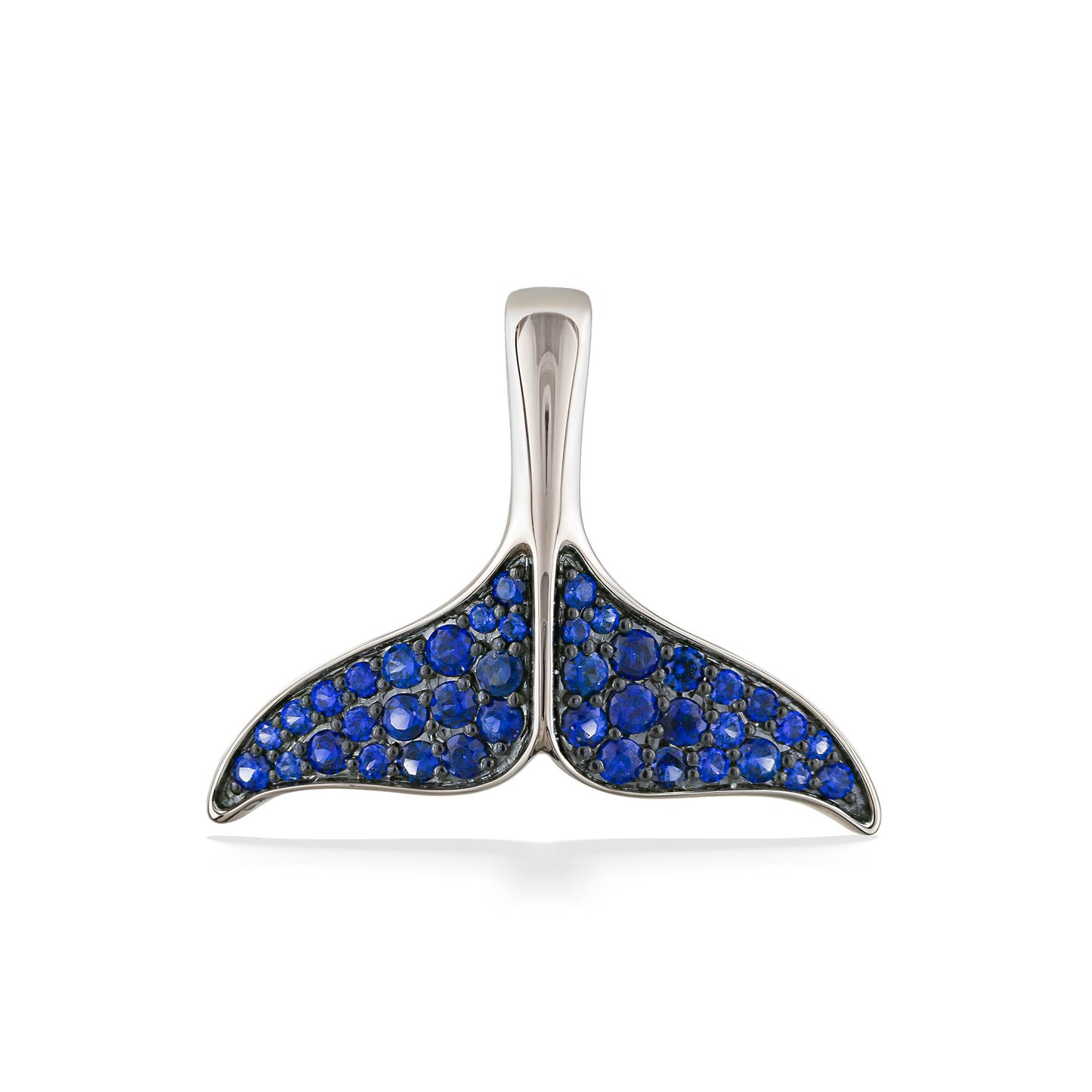 Refined whale tail pendant with stunning pavé-set blue sapphire fluke, made in 14k white gold. Item No. 40153