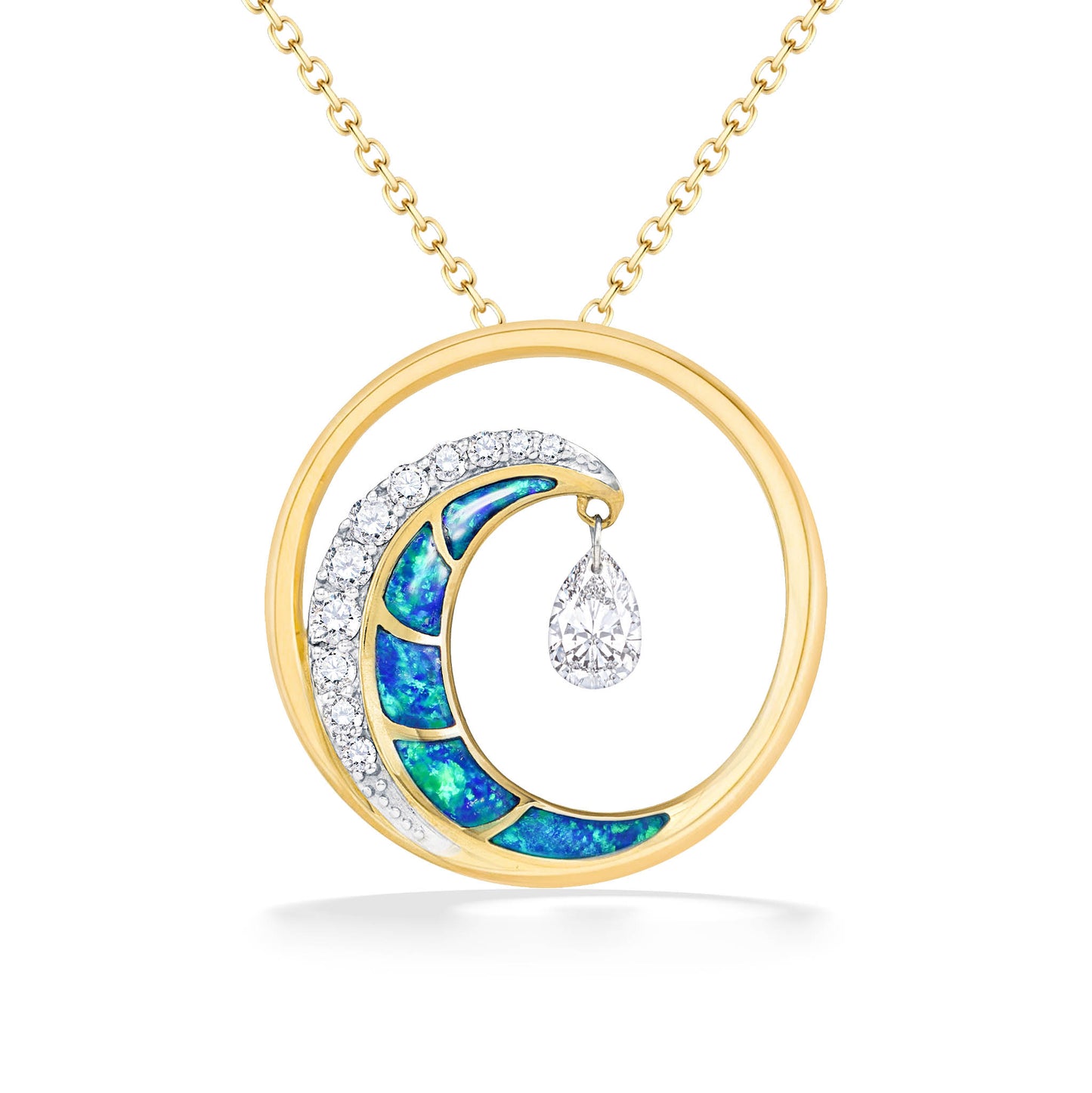 Classic yellow gold wave pendant with opal inlay, diamonds & dangling center pear shimmer. Item No. 40157
