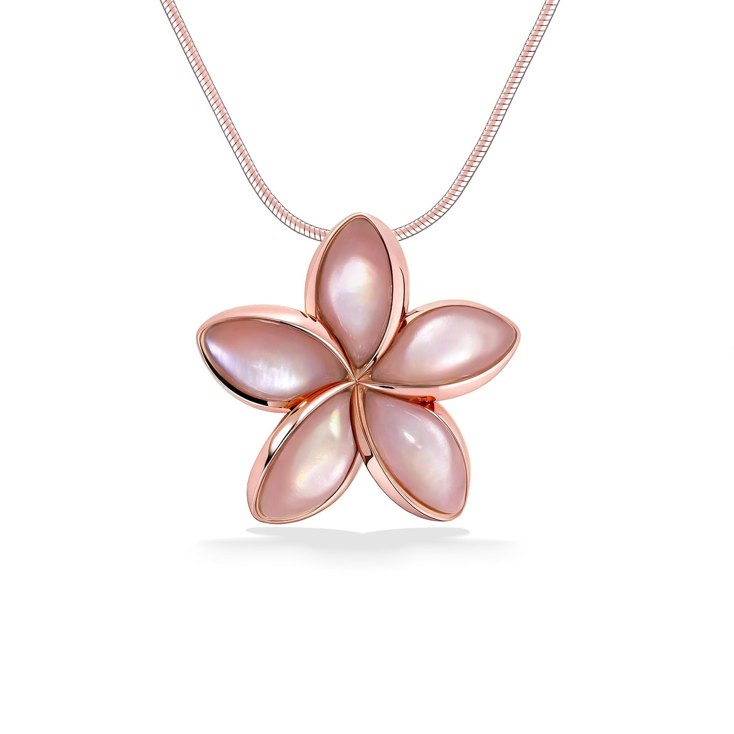 Large plumeria flower pendant showcasing a pink mother of pearl inlay set in 14k rose gold. Item No. 40166