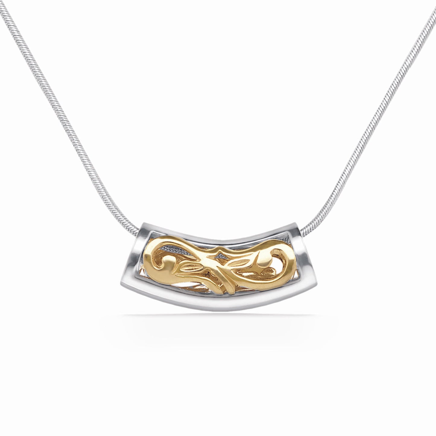 A curved slide pendant blends polished silver with flowing gold accents, suspended from a sleek snake chain. Item No. 40201
