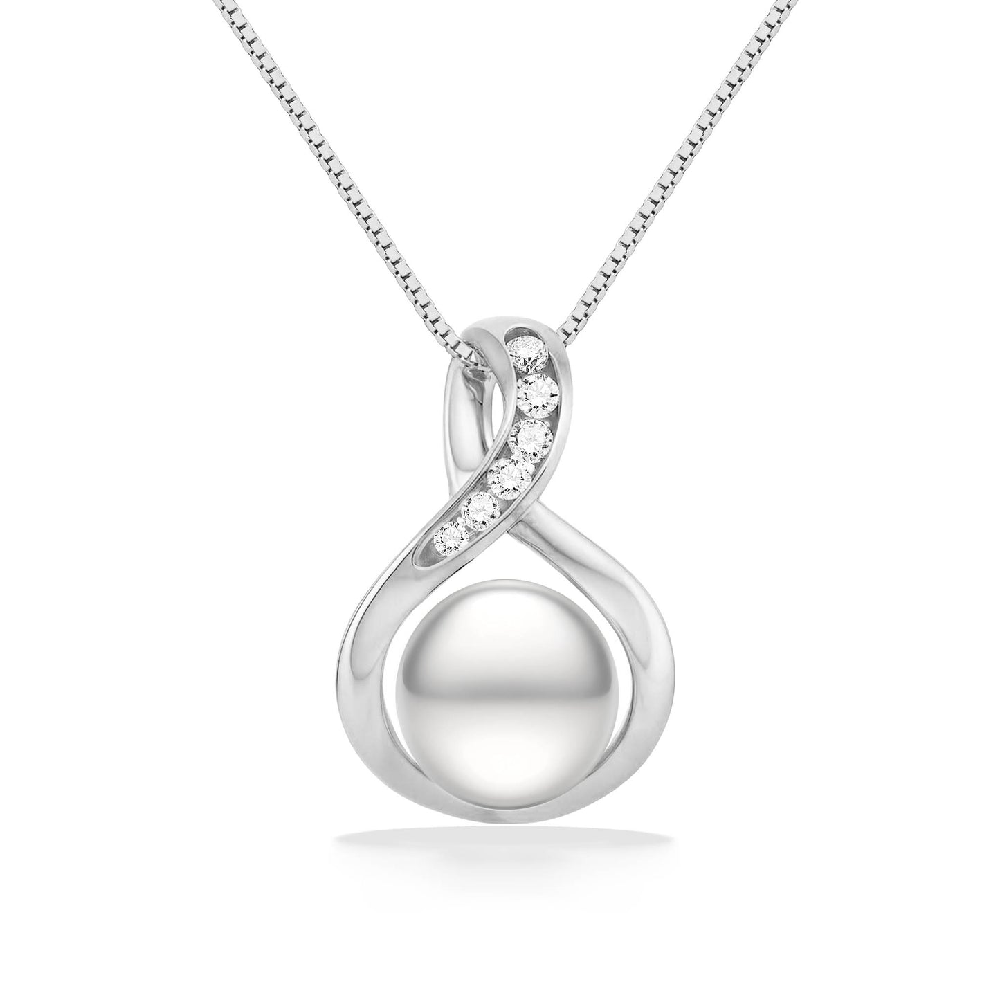 Contemporary white gold pendant with an Akoya pearl and diamond accents set along a flowing infinity loop. Item No. 40410