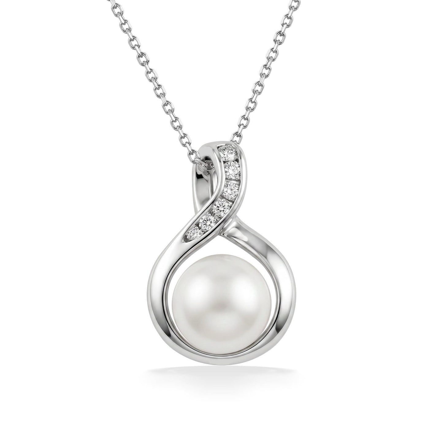 Contemporary white gold pendant with an Akoya pearl and diamond accents set along a flowing infinity loop. Item No. 40410