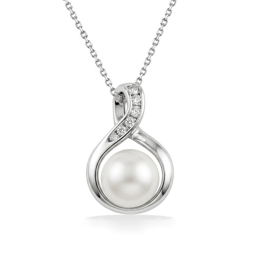 Contemporary white gold pendant with an Akoya pearl and diamond accents set along a flowing infinity loop. Item No. 40410