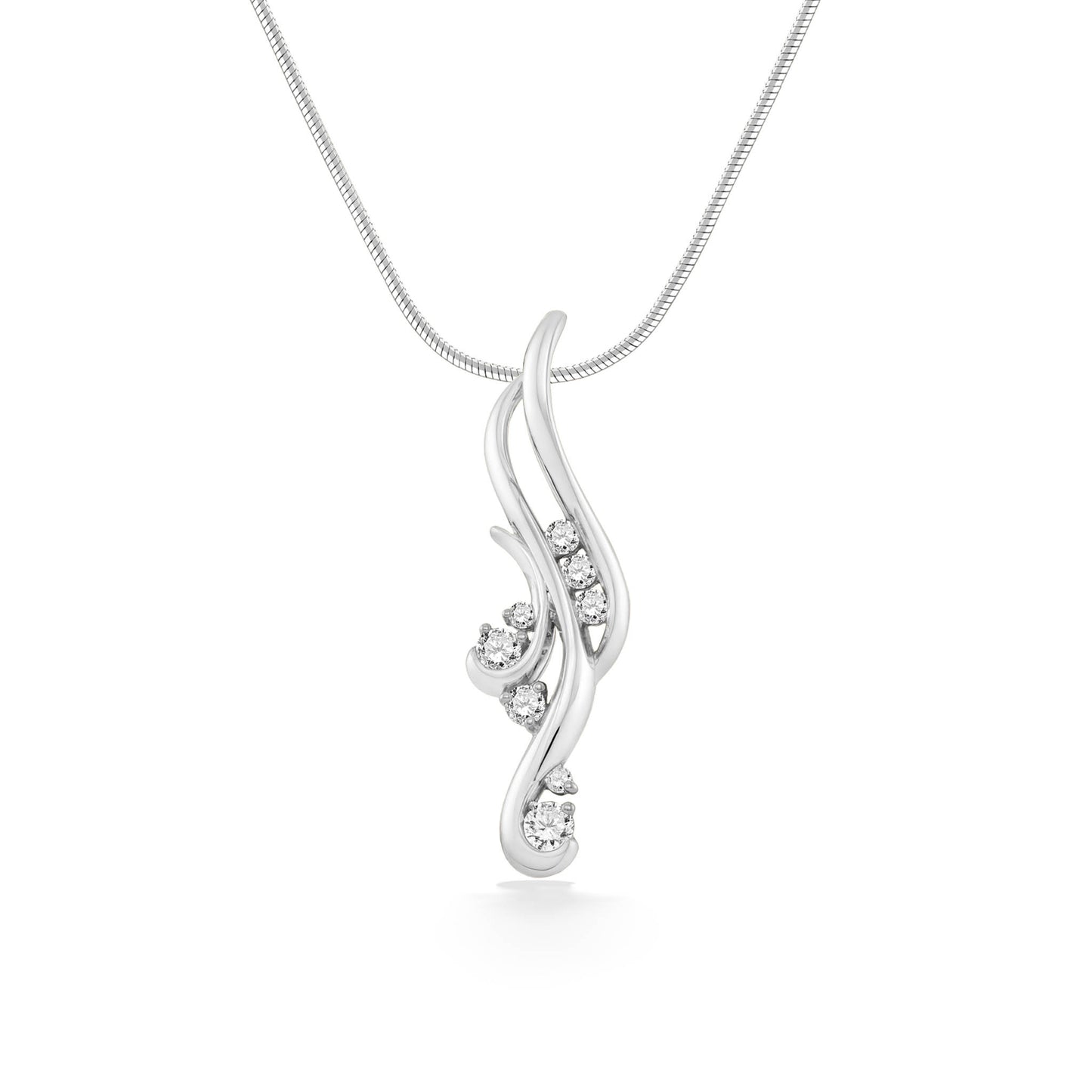 White gold large pendant with waterfall-inspired design and 0.50ctw of shimmery diamonds. Item No. 40434