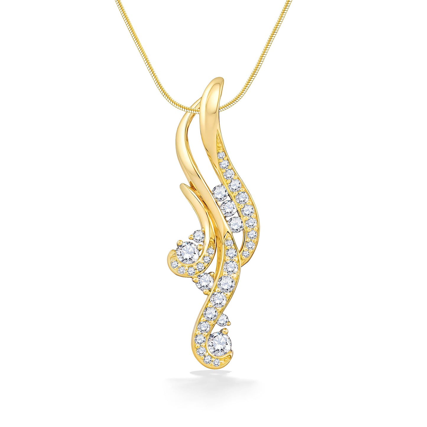 Elegant 14K gold waterfall pendant with flowing curves set with sparkling white diamonds on a fine gold chain. Item No. 40442