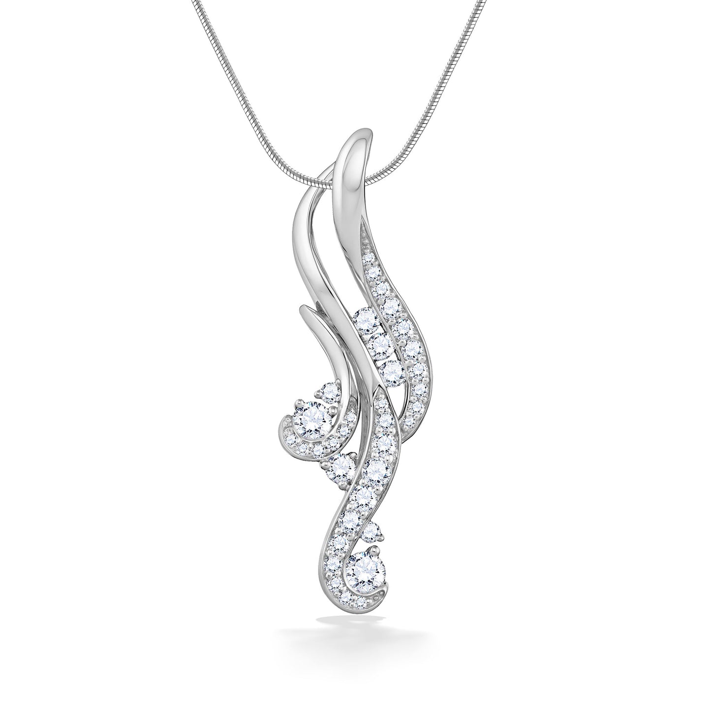 Radiant 14k white gold waterfall-inspired pendant with graceful diamond accents & a polished white gold chain. Item No. 40443