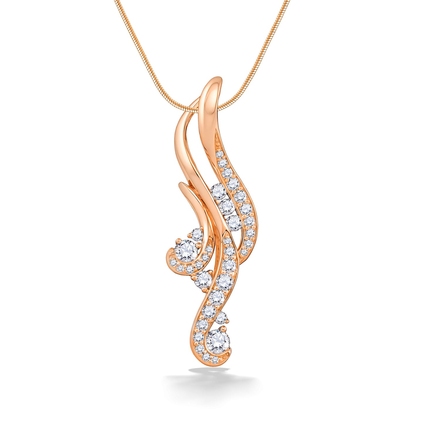 Warm 14k rose gold waterfall pendant featuring curved lines and shimmering diamonds throughout. Item No. 40444