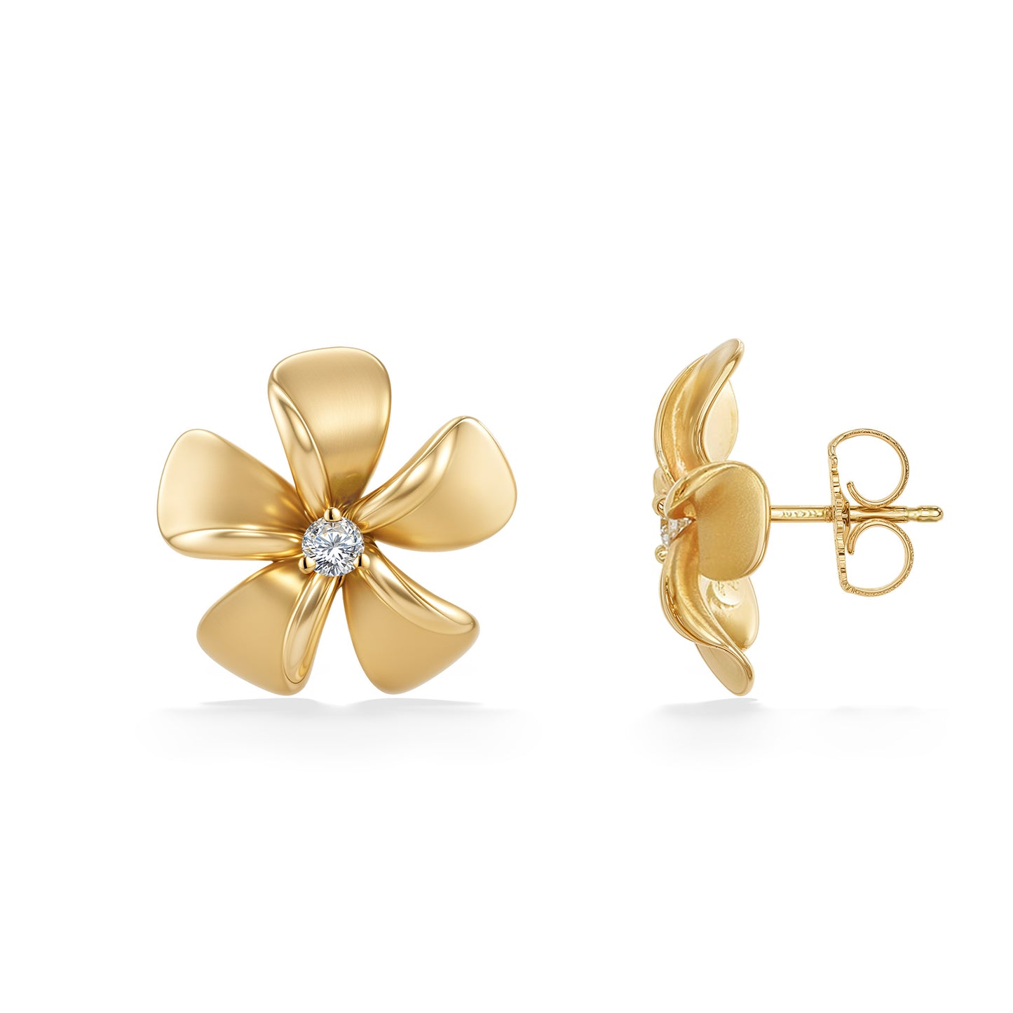 Luxury Hawaiian plumeria earrings in 14K gold with diamond center and secure post backing shown. Item No. 19738
