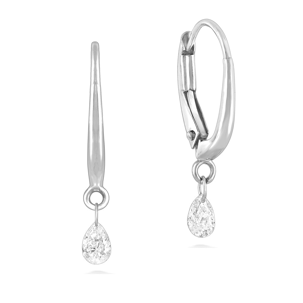 Pear shimmer diamonds on 14K white gold leverback earrings. Right side is tilted to show shape of leverback. Item No. 19567