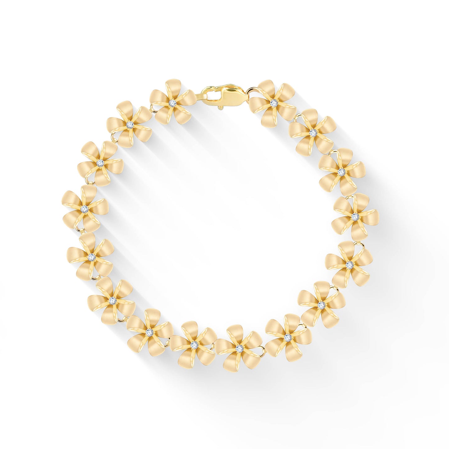 Plumeria link bracelet in 14K yellow gold with diamonds in the center of each flower and lobster clasp. Item No. 19866