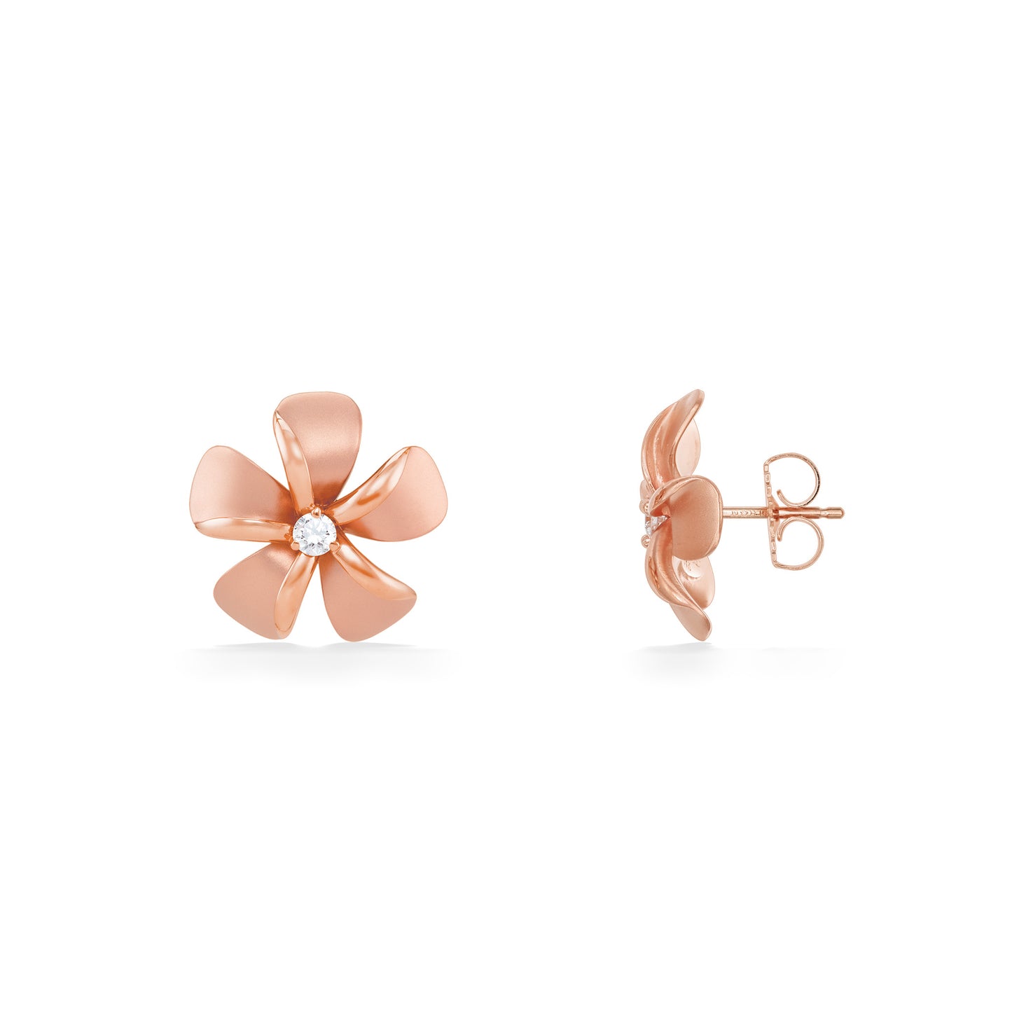 Plumeria stud earrings in rose gold with the right side facing in to show the type of the earnut. Item No. 19910