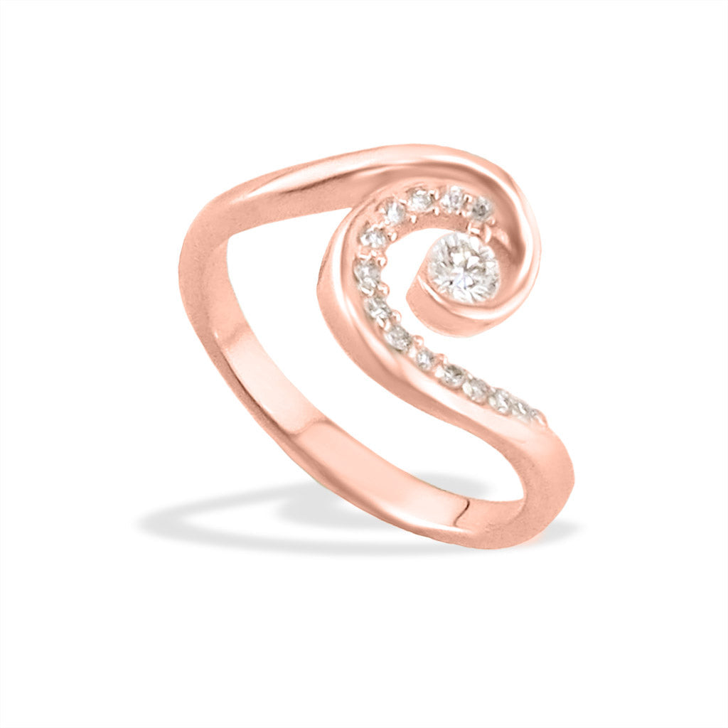 Rose gold ring crafted in the spirit of Hawaii's waves with 0.20ctw pavé-set diamonds & 0.10ct center diamond. Item No. 19932