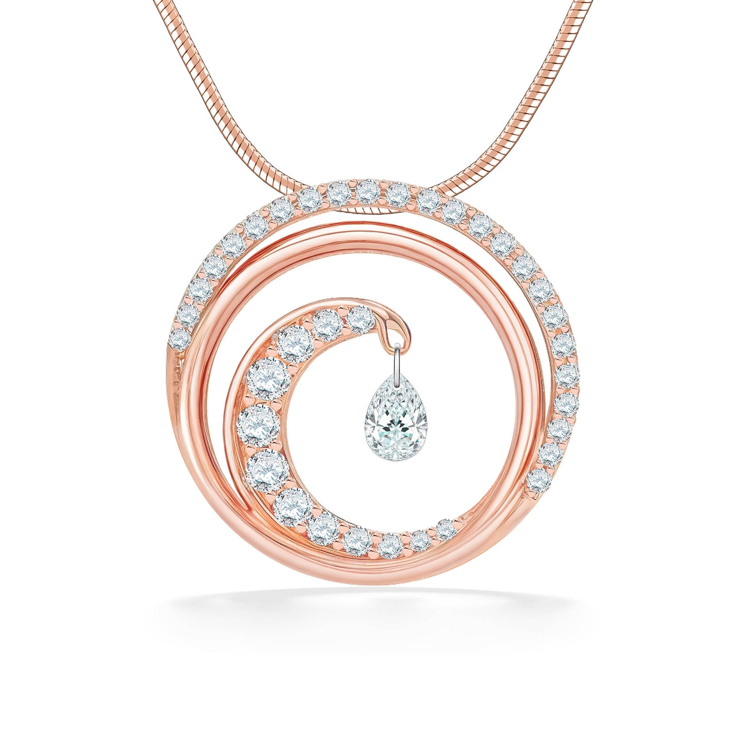 Ultimate 14K Rose Gold Na Hoku Wave pendant & chain. Diamonds & dangling pear shimmer diamond. Item No. 19987