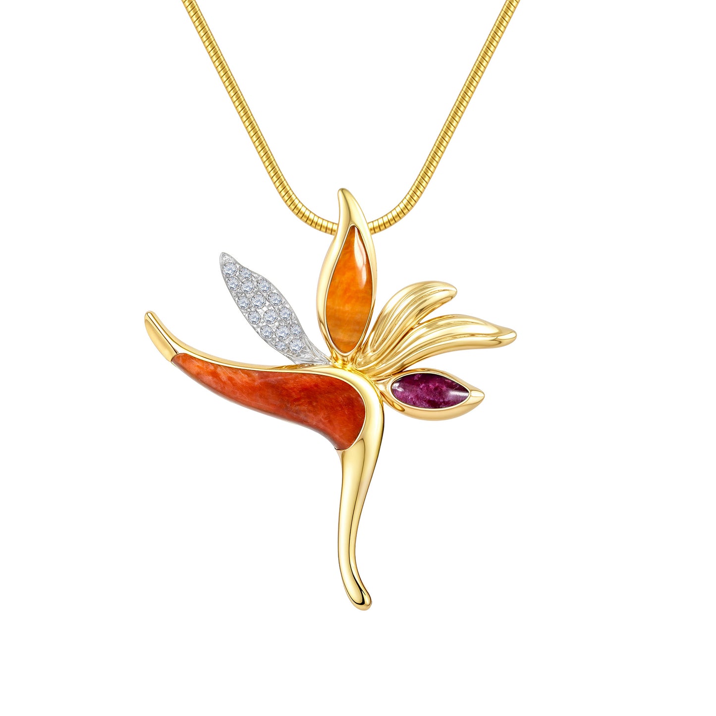 14K gold Bird of Paradise pendant with spiny oyster inlay & 0.08 carats of diamonds. Chain displayed not included. Item 10904