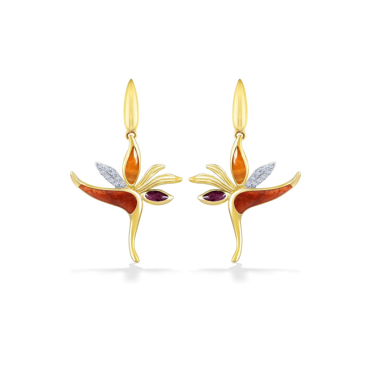 Golden bird of paradise earrings with vibrant spiny oyster inlays and diamond accents. Item No. 10947