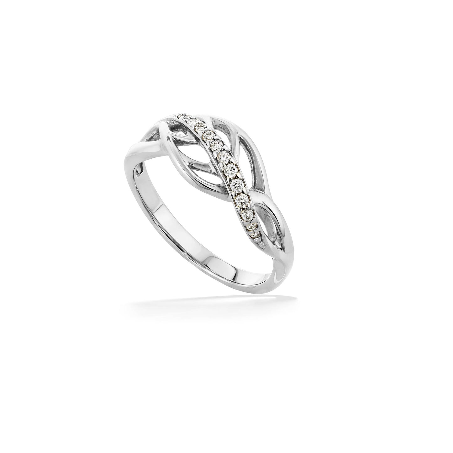 14k white gold ring featuring an open maile leaf design with a curved row of round diamonds across the center. Item No. 10794