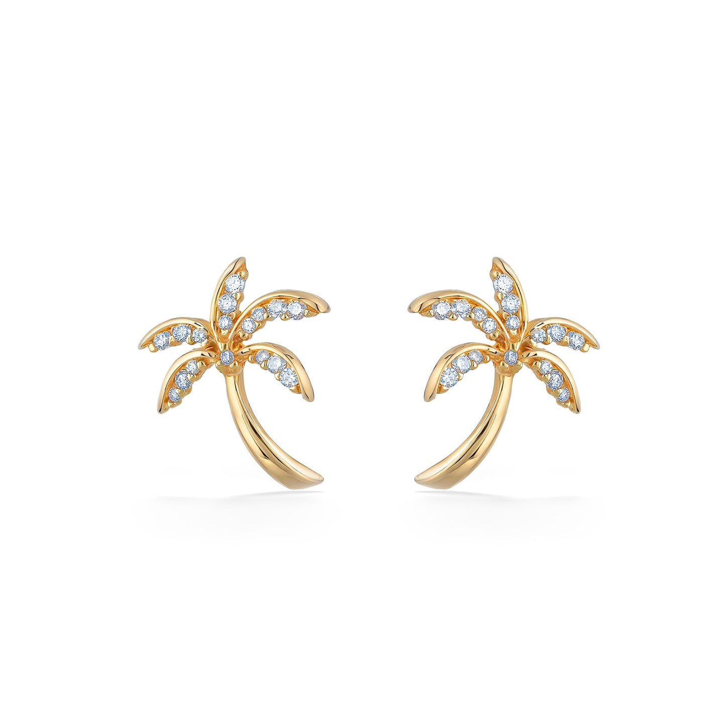 Palm tree stud earrings in yellow gold shimmer with 0.26 carats of pavé diamonds, front view. Item No. 10300